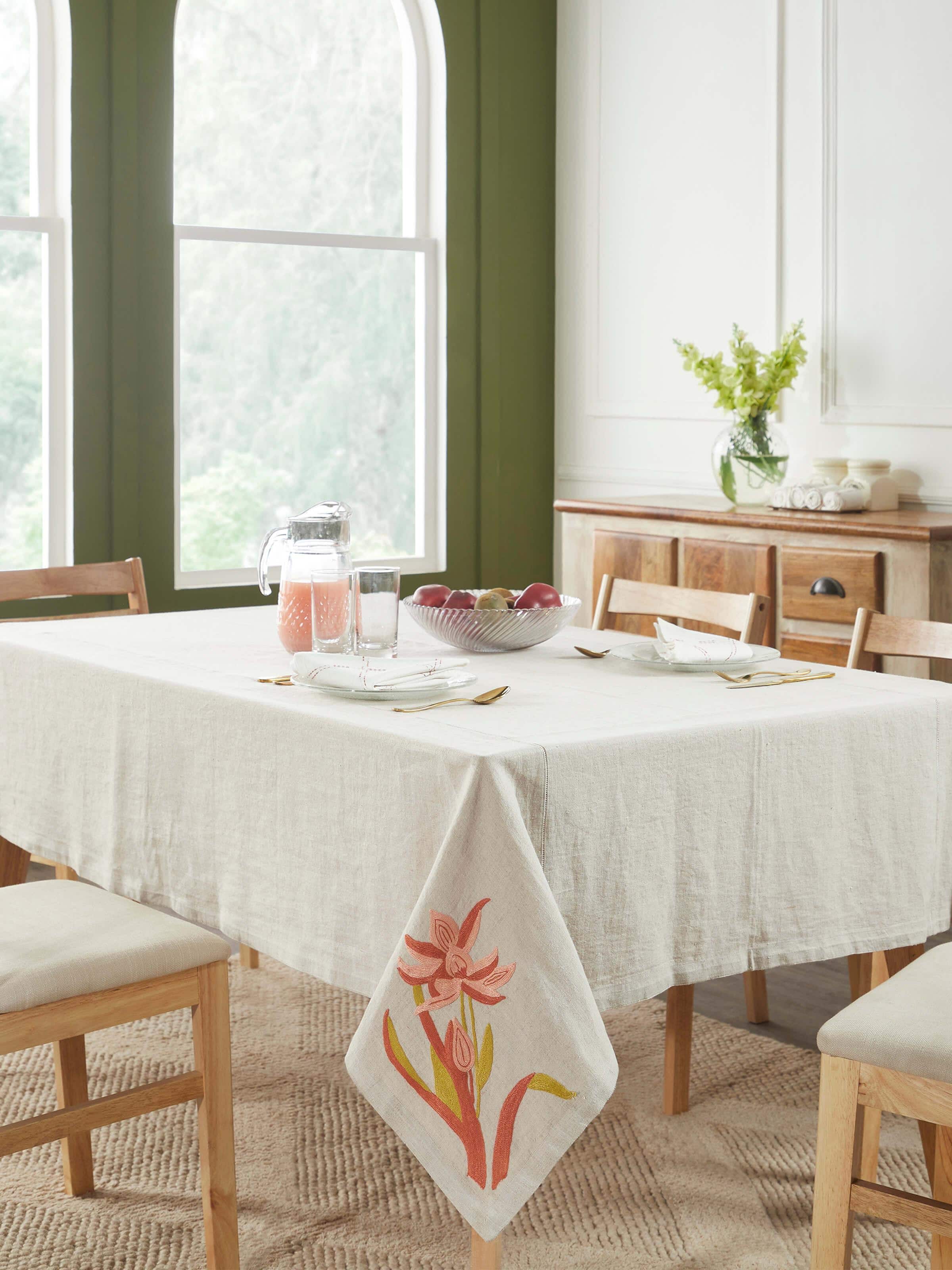 Top view highlighting the full table cover layout and delicate embroidery details