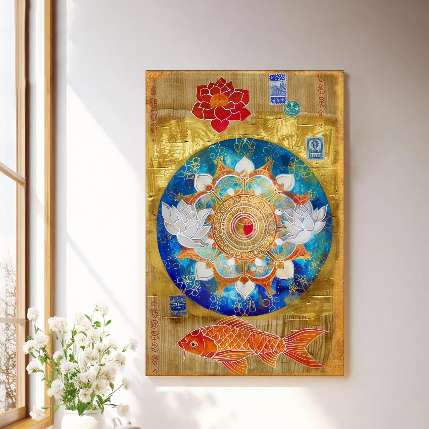 Abstract Mandala Lotus Koi Fish Canvas Wall Art 22 x 34 Inch - Art Street