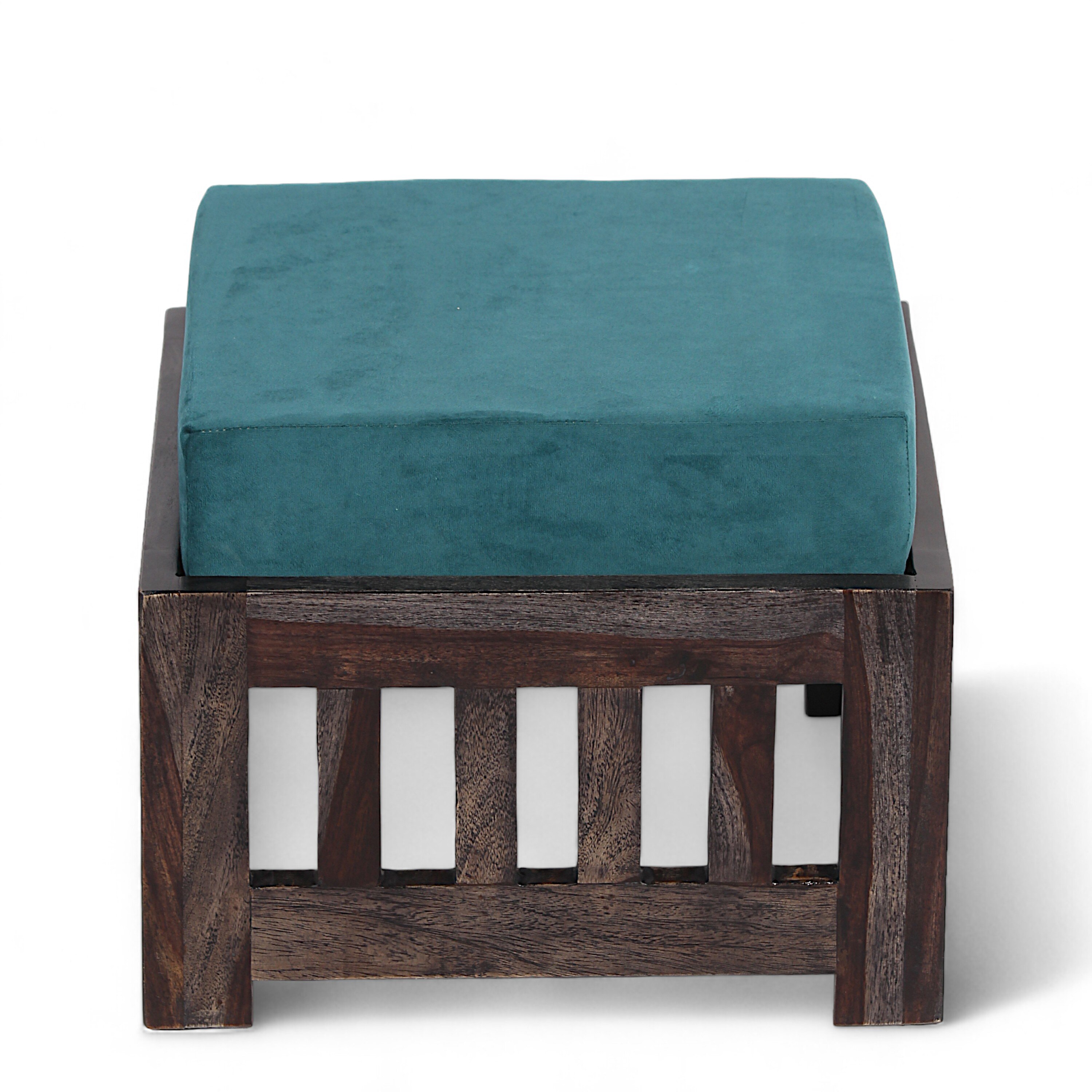 Palladio Sheesham Wood Coffee Table With 4 Stools Set In Mahogany Finish & Turquoise Sea Velvet Fabric Cushions