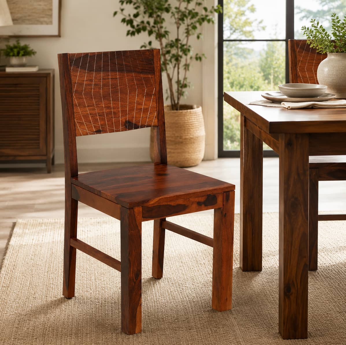 Noguchi Sheesham Wood Dining Chairs in Scratch Resistant Honey Oak Finish Set of 2 - Woodenmood