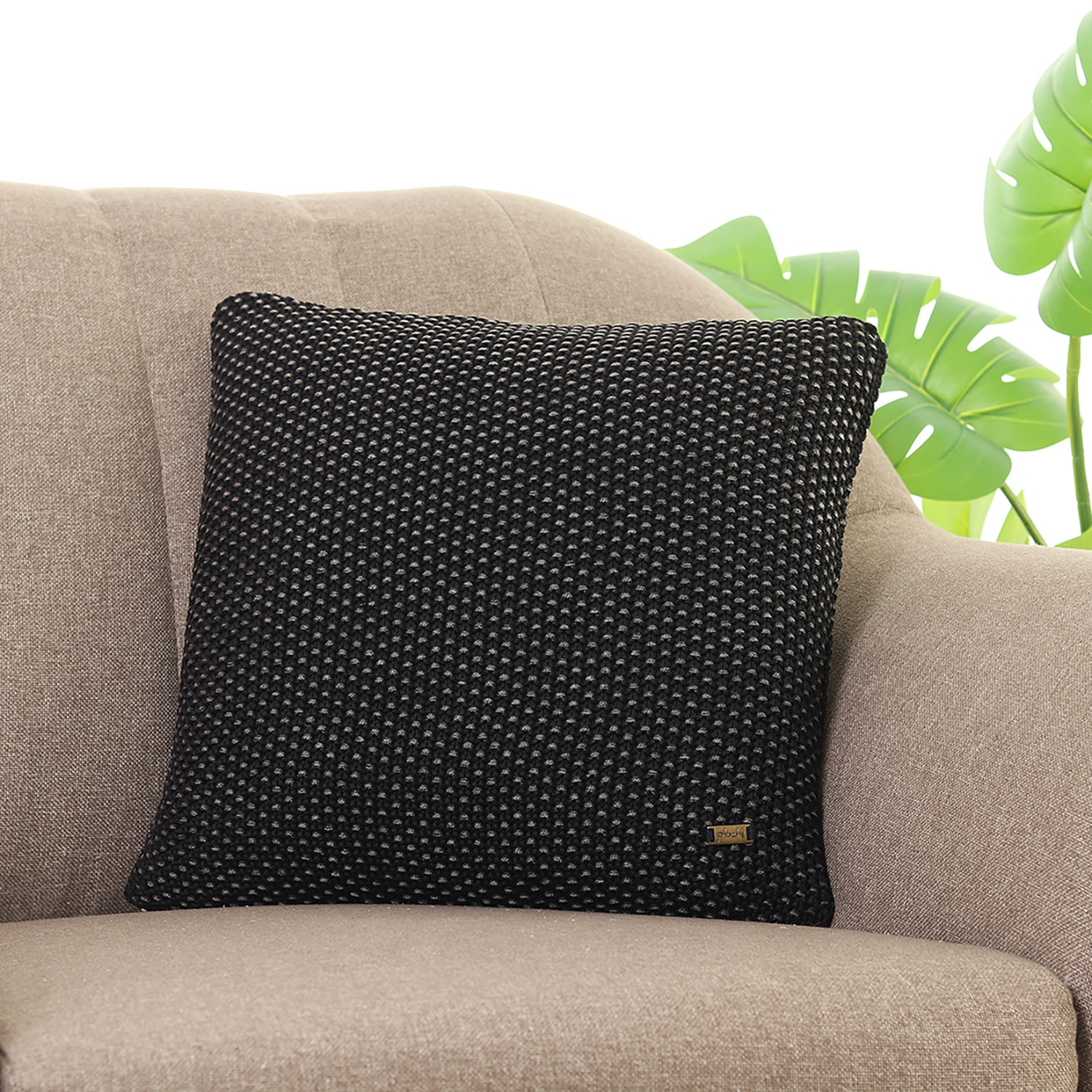 Moss Knit Black Cotton Cushion Cover  16X16 Inches - Pluchi