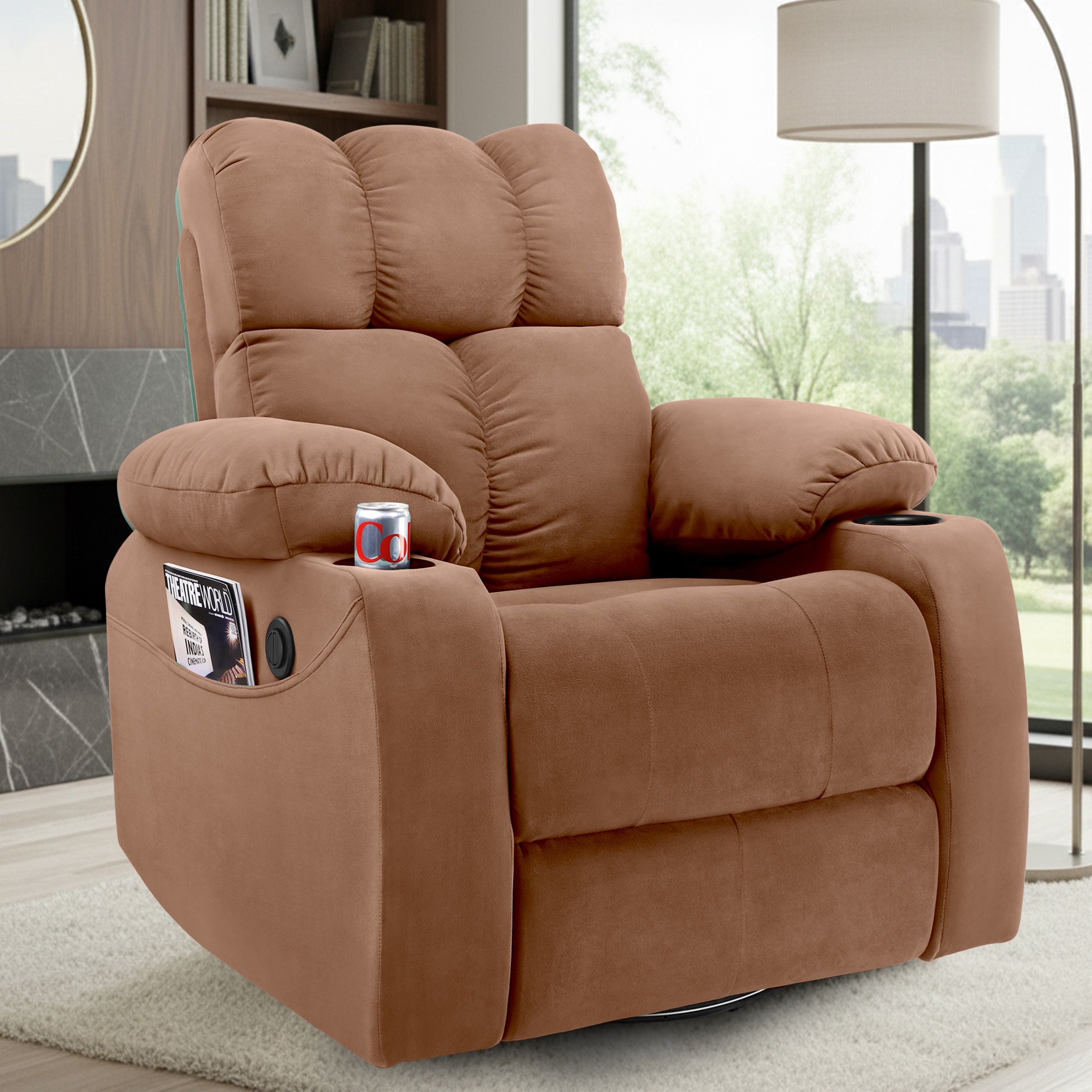 Helios Fabric One Seater Motorised Recliner with Rocking Revolving & Cup Holder in Green Colour