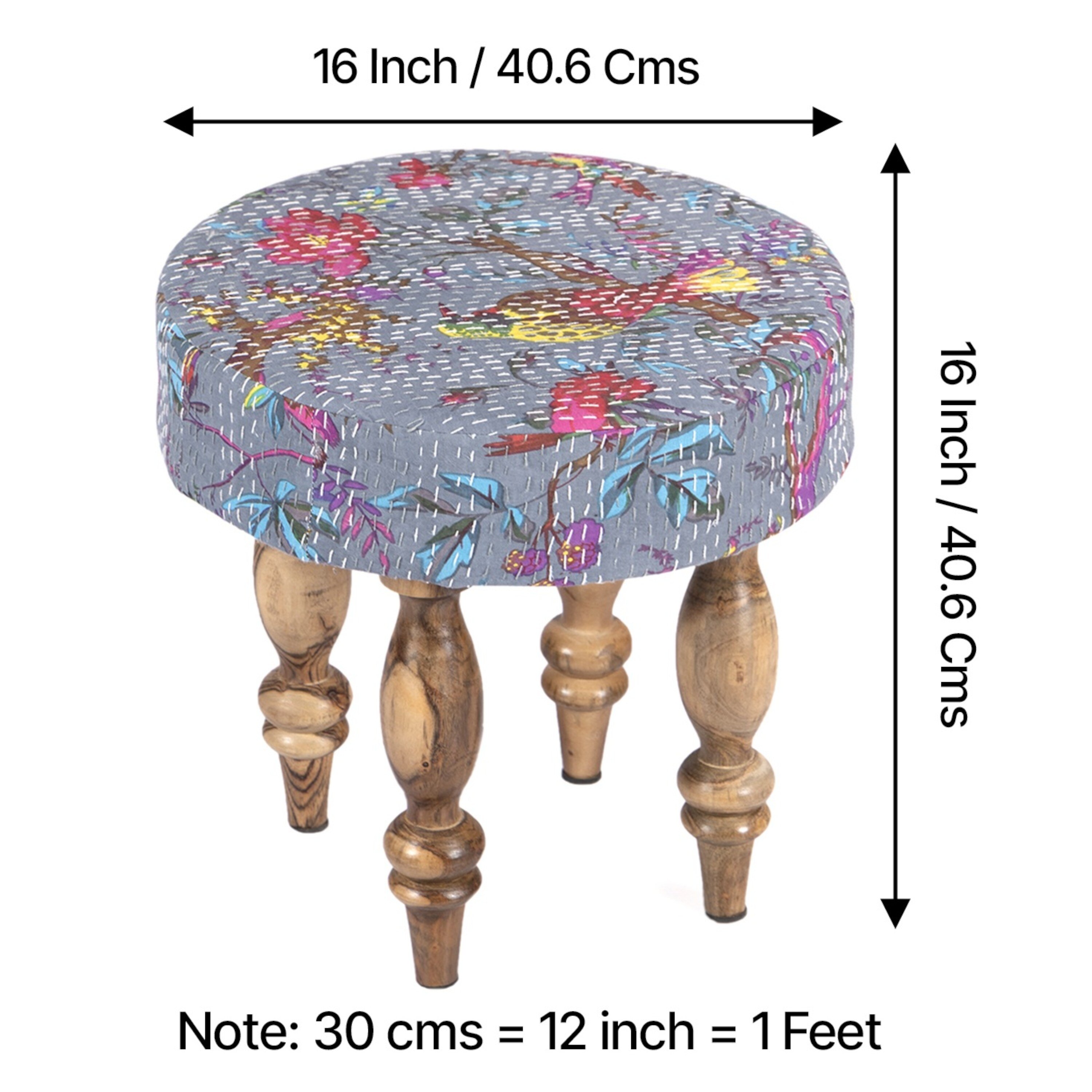 Roswell Sheesham Wood Mid Century Round Set of 2 Stools in Grey Brid Print Kantha Upholstery