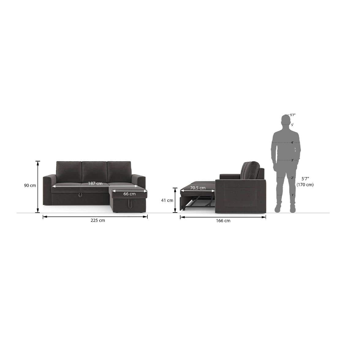 Kowloon Sectional Sofa Cum Bed with Storage Colour Urban grey premium chenille