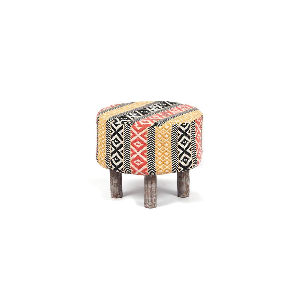 Collio Solid Wood Ottoman Pouffee in Stripe Multi Colour Jackard fabric