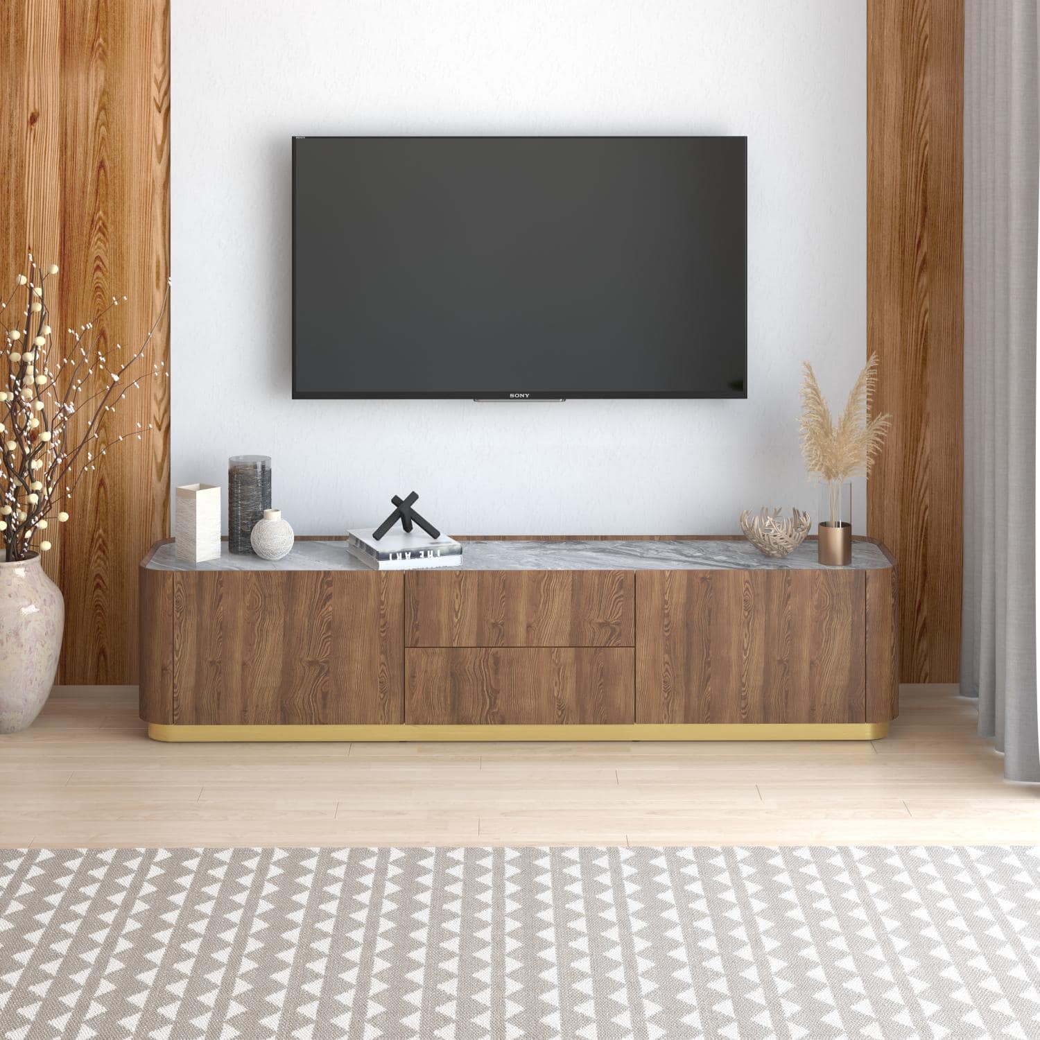 Dorian Engineered Wood TV Unit With Ceramic Top In Walnut High Gloss Finish