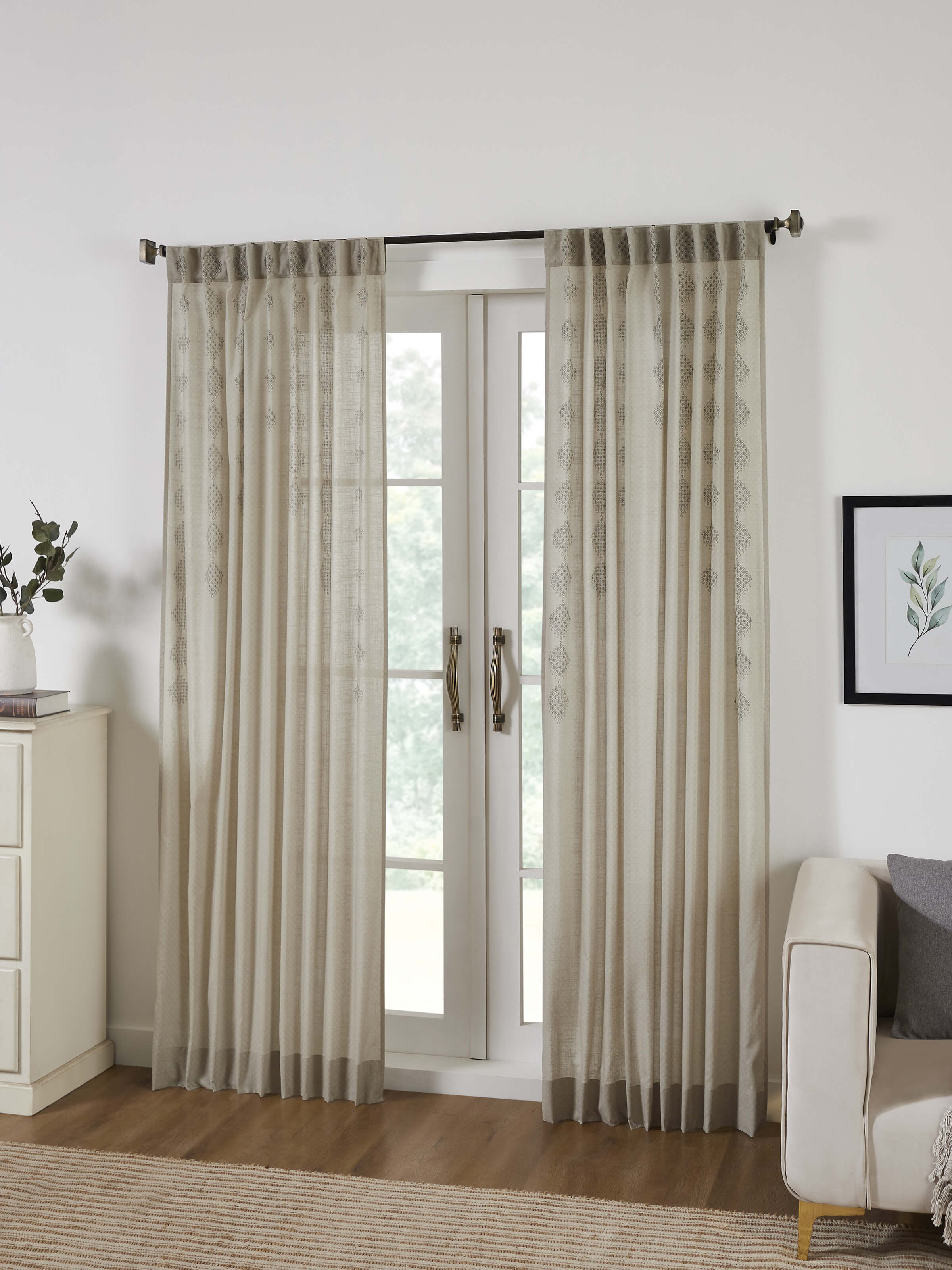 Rambagh Light Green Geo Diamond Cotton Sanganeri Hand Block Printed Curtain (7 Ft)