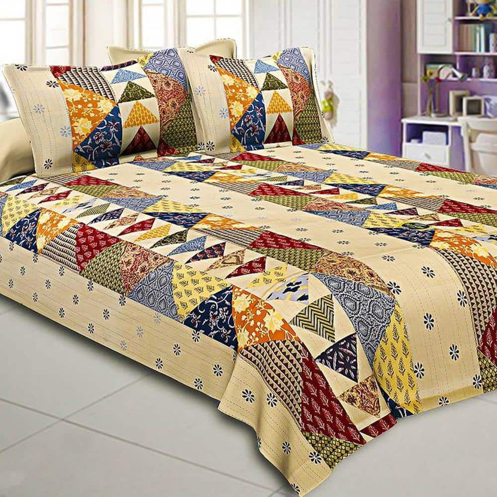 Zakaria Multicolor Abstract 150 TC Cotton Double Size Bedsheet with 2 Pillow Covers