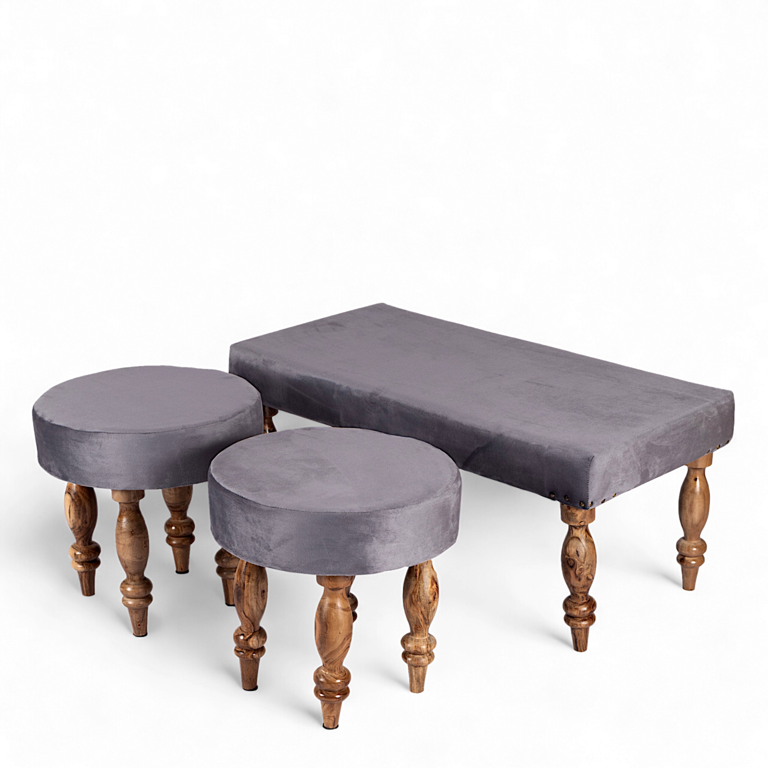 Bestone Sheesham Wood Accent Seater Bench Set  2 Stools In Iron Grey Velvet