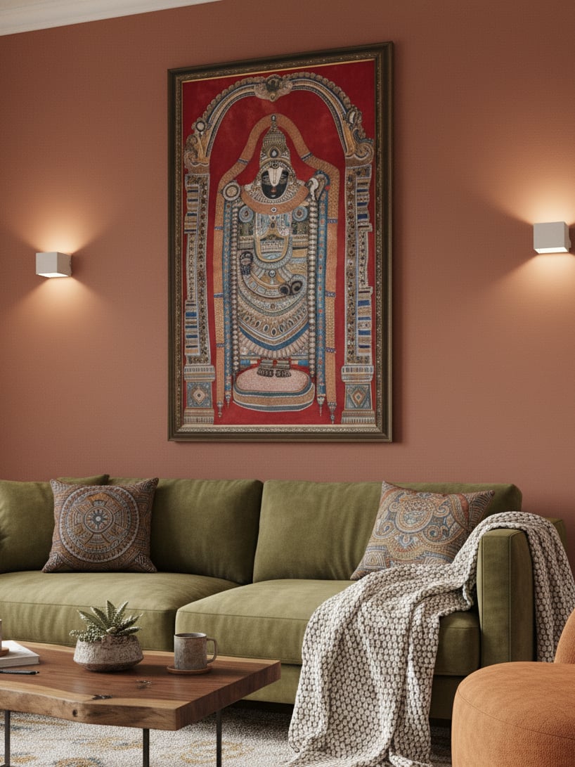 Kalamkari Balaji wall art in traditional Indian textile painting style