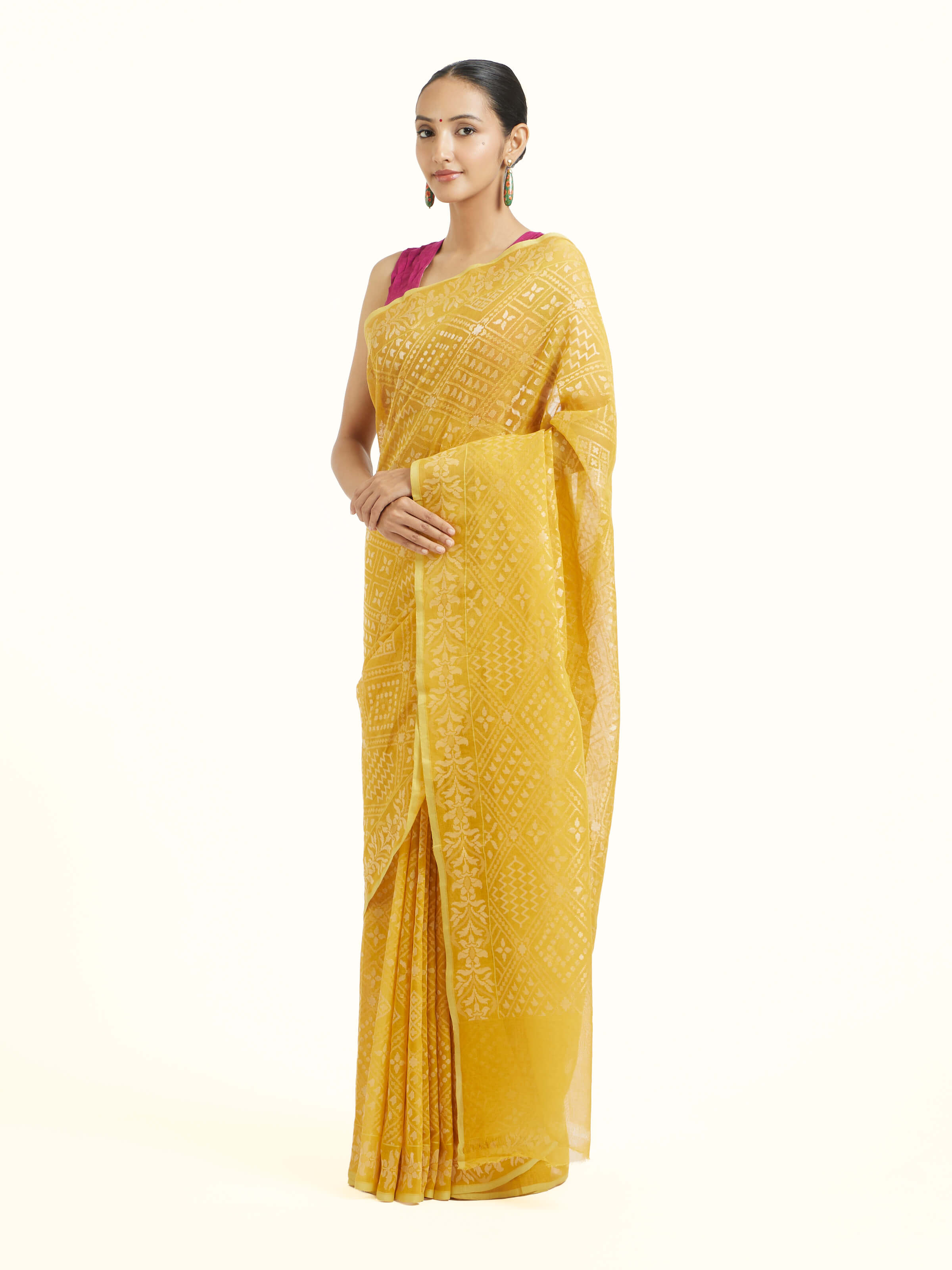Side view of yellow cotton Awadh Jamdani Banarasi saree showcasing light drape