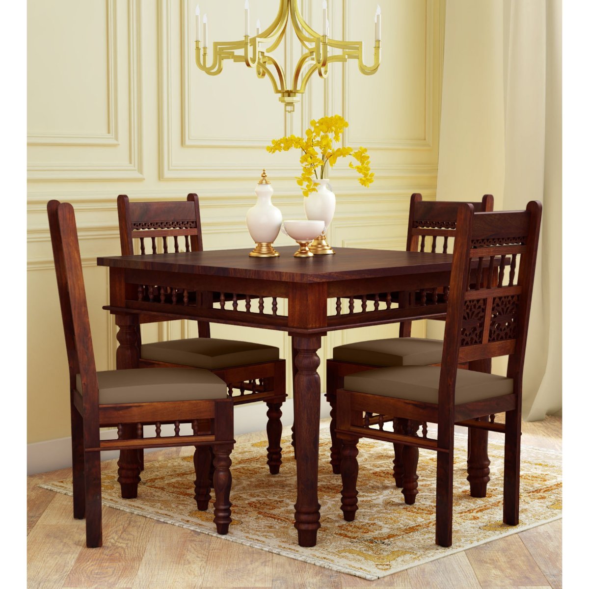 Inaaya Solid Wood 4 Seater Dining Table in Honey Finish - Vishwakarma Antique