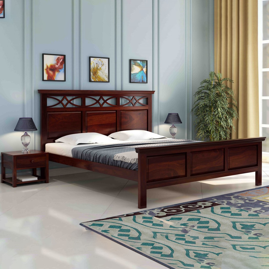 Tulsi Solid Wood Queen  Size Upholstered Bed Without Storage (Walnut Finish) - Woodenmood