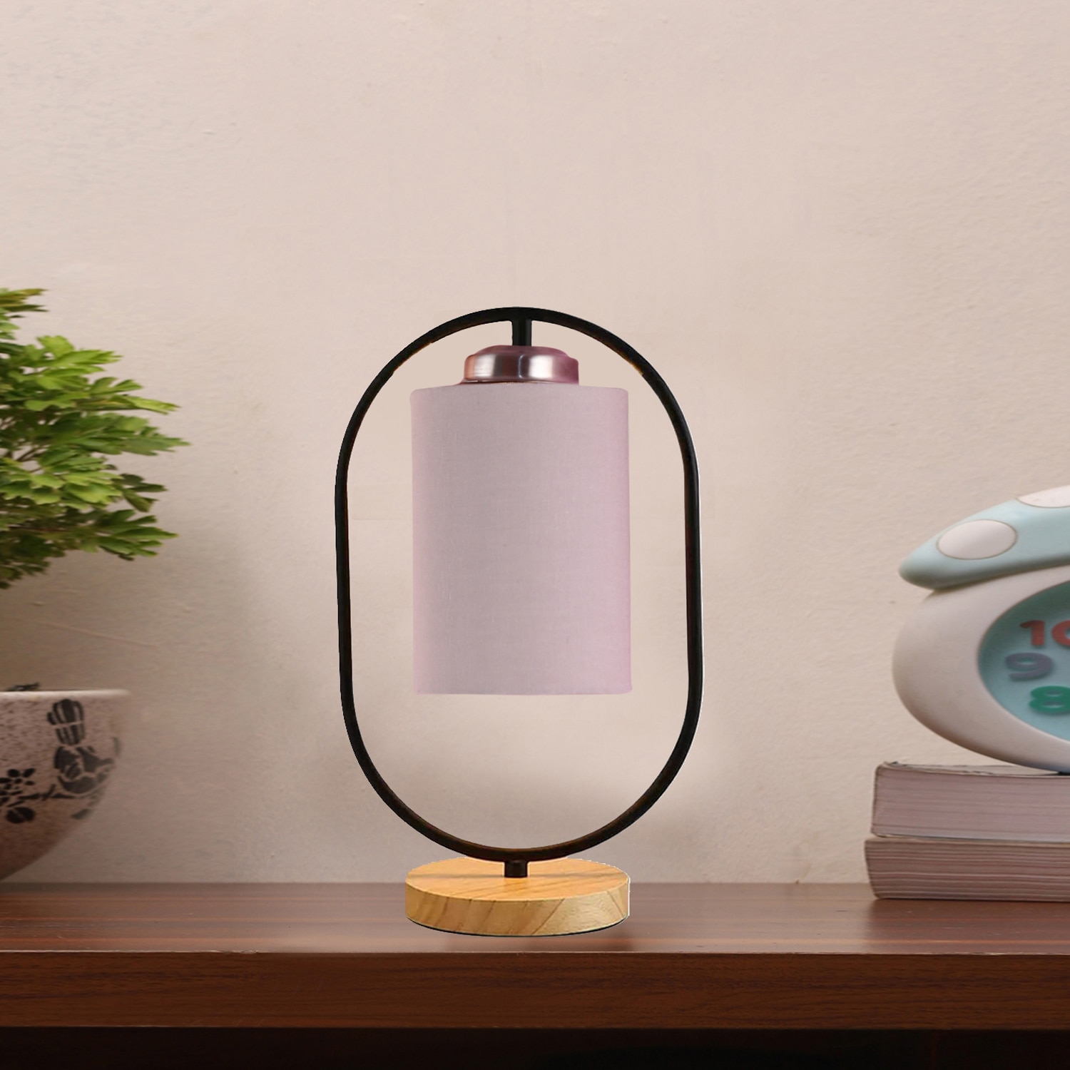 Devansh Grey Cotton Drum Wooden & Iron Table Lamp -17 Inch Height  -G - Devansh