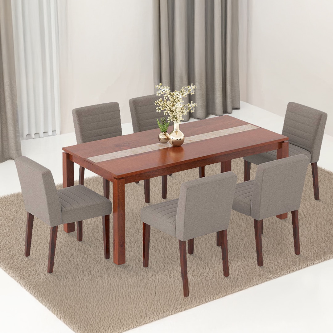 Atlas Crest Solid Wood 6 Seater Dining Table In Danish Walnut Finish with set of 6 Ludo Solid Wood Dining Chair (Finish : Shitake Beige)