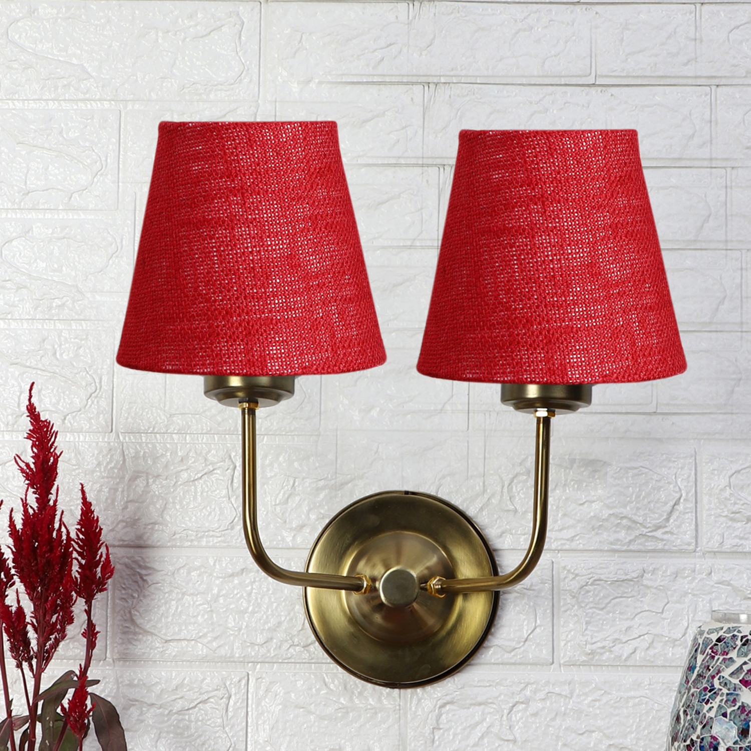 Devansh Metal Electric Wall Light in Gold Colour with Maroon Shade Count of 2 Lights - Devansh