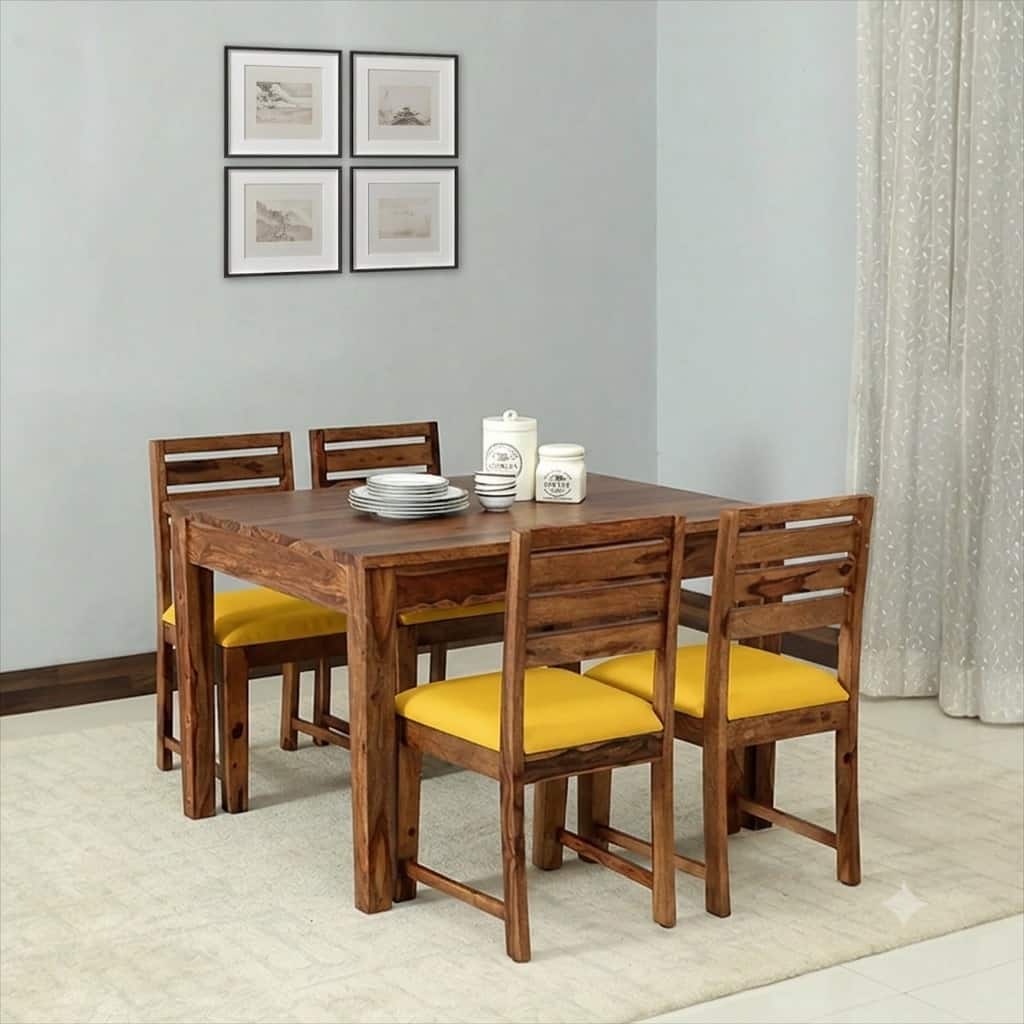 Arbor 4 Seater Dining Set with Cushioned Chairs in Yellow Colour - Interior Valley