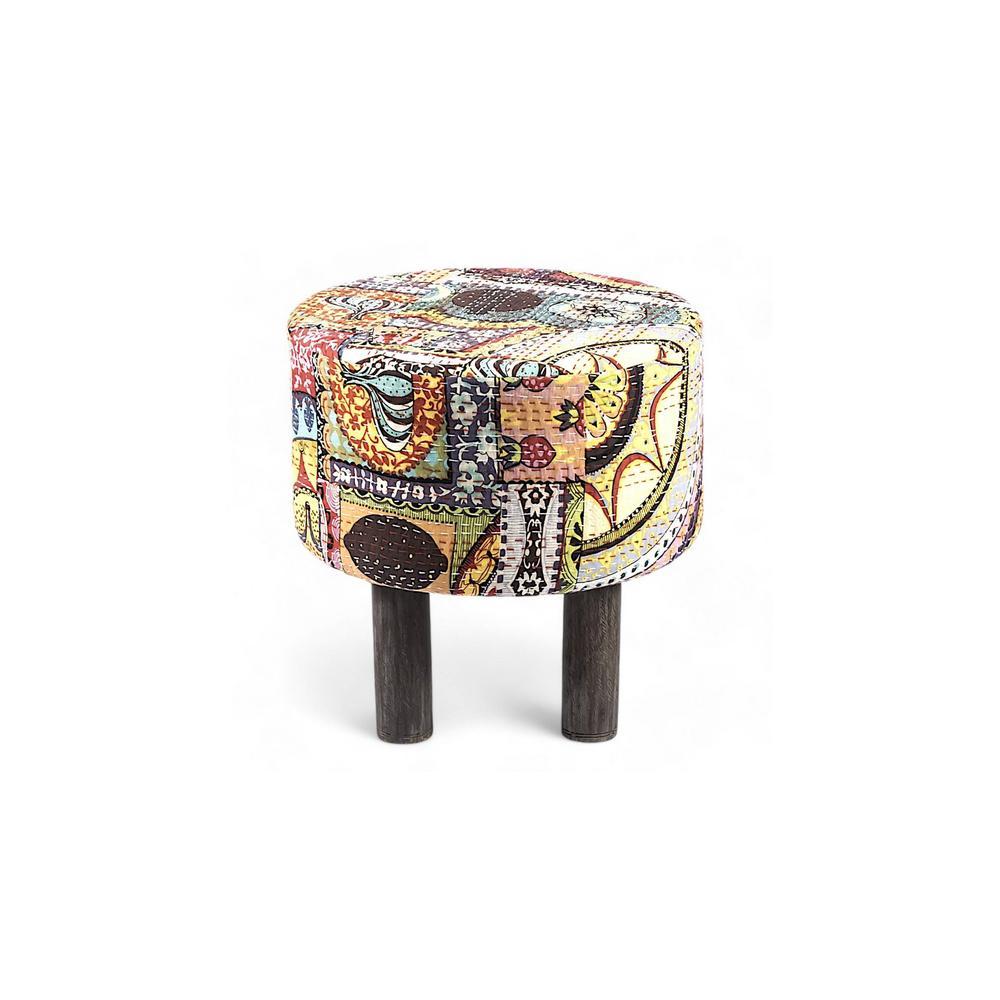 Morgan Solid Wood Pouf Stool in Multicolour Patch Kantha Fabric