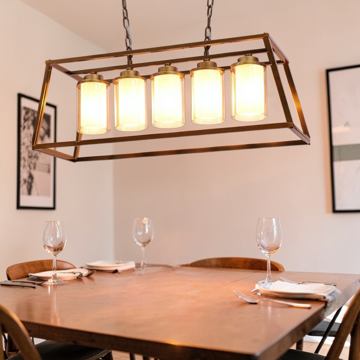 Eliante Hanging Light, 5 Bulb, Champagne Glass Shade, Mild Steel, Modern Pendant Lighting - Eliante