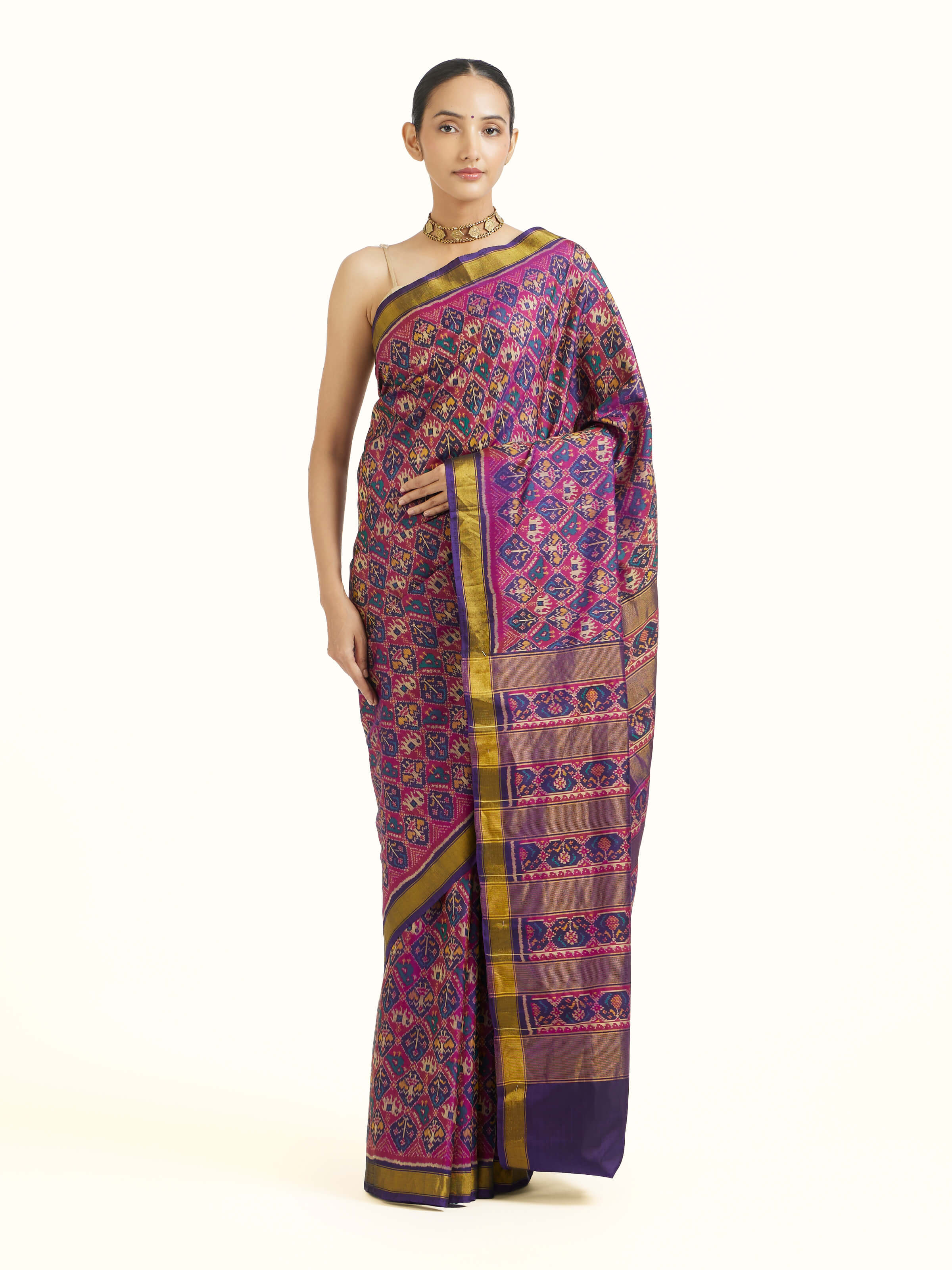 front view of rajkot micro patola saree with traditional pattern