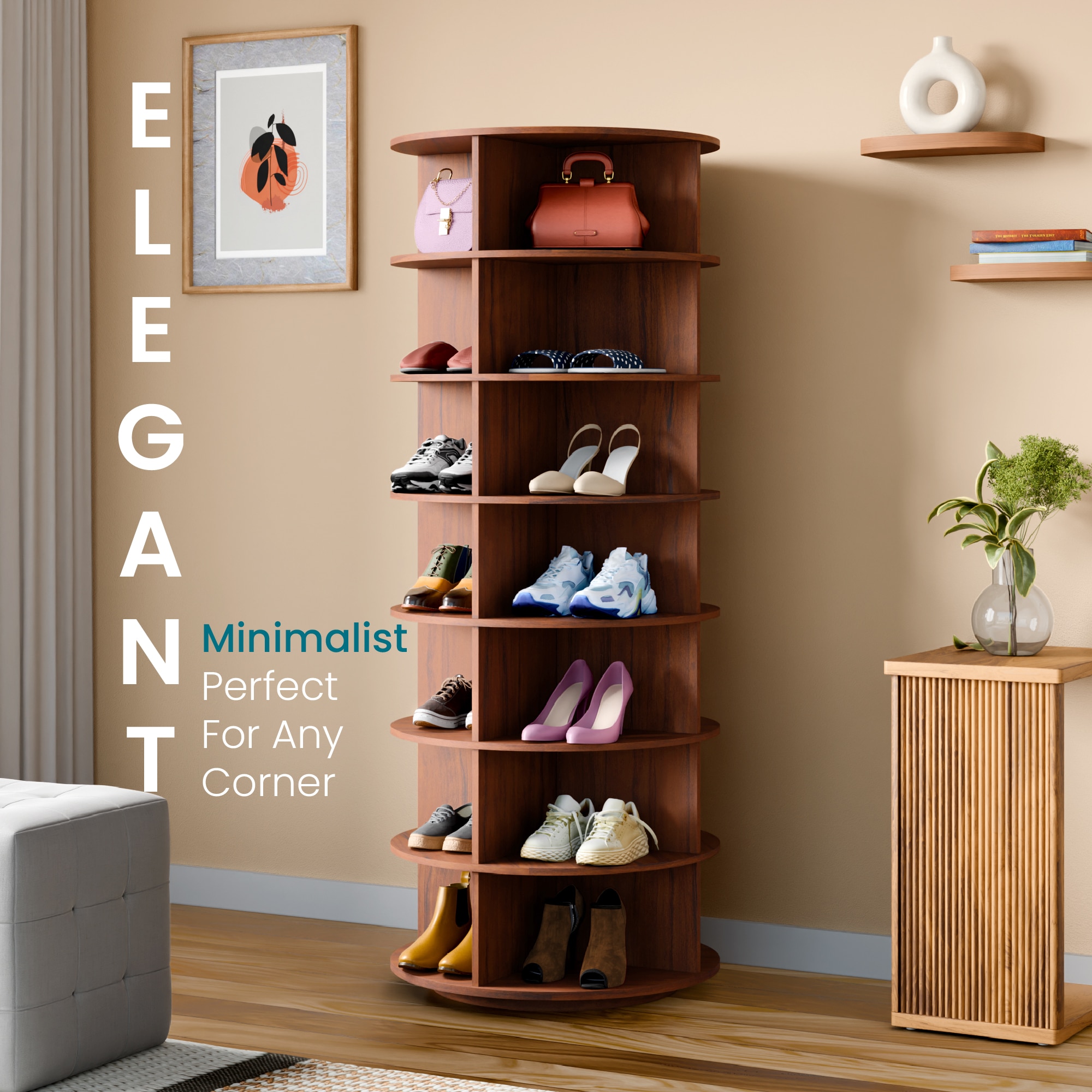 360° Rotating Shoe Rack 7-Tier in Brown – Multi-Tier Rotating Shoe Storage Stand - Alex Daisy