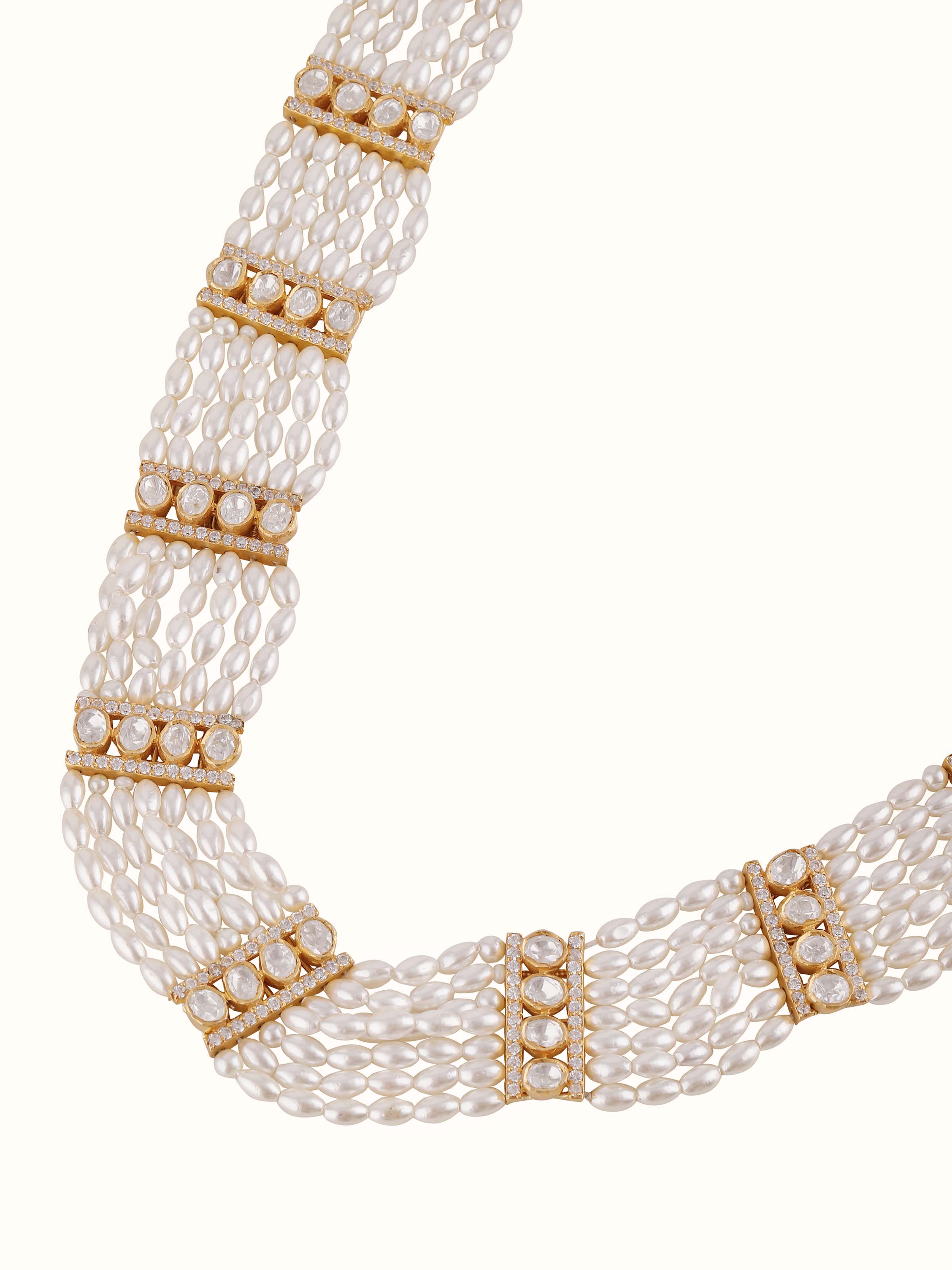 Side view of Dank Polki silver long necklace