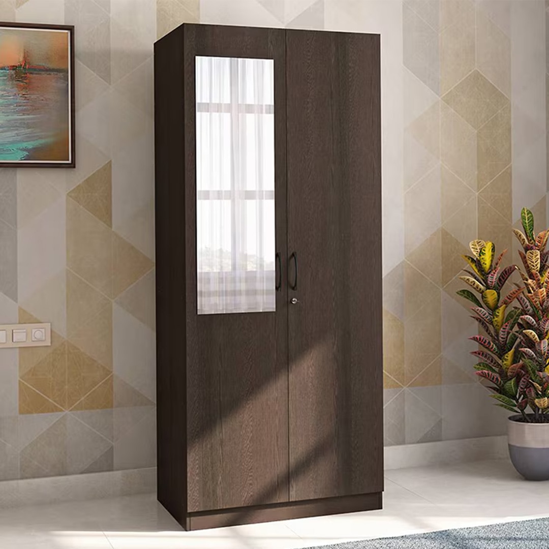Zoey Engineered Wood 2 Door Wardrobe With Mirror in Dark Wenge Finish