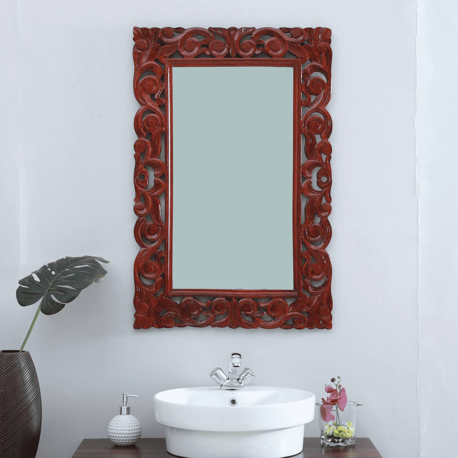 Rizo Mango Wood Teak Finish Carving Wall Mirror