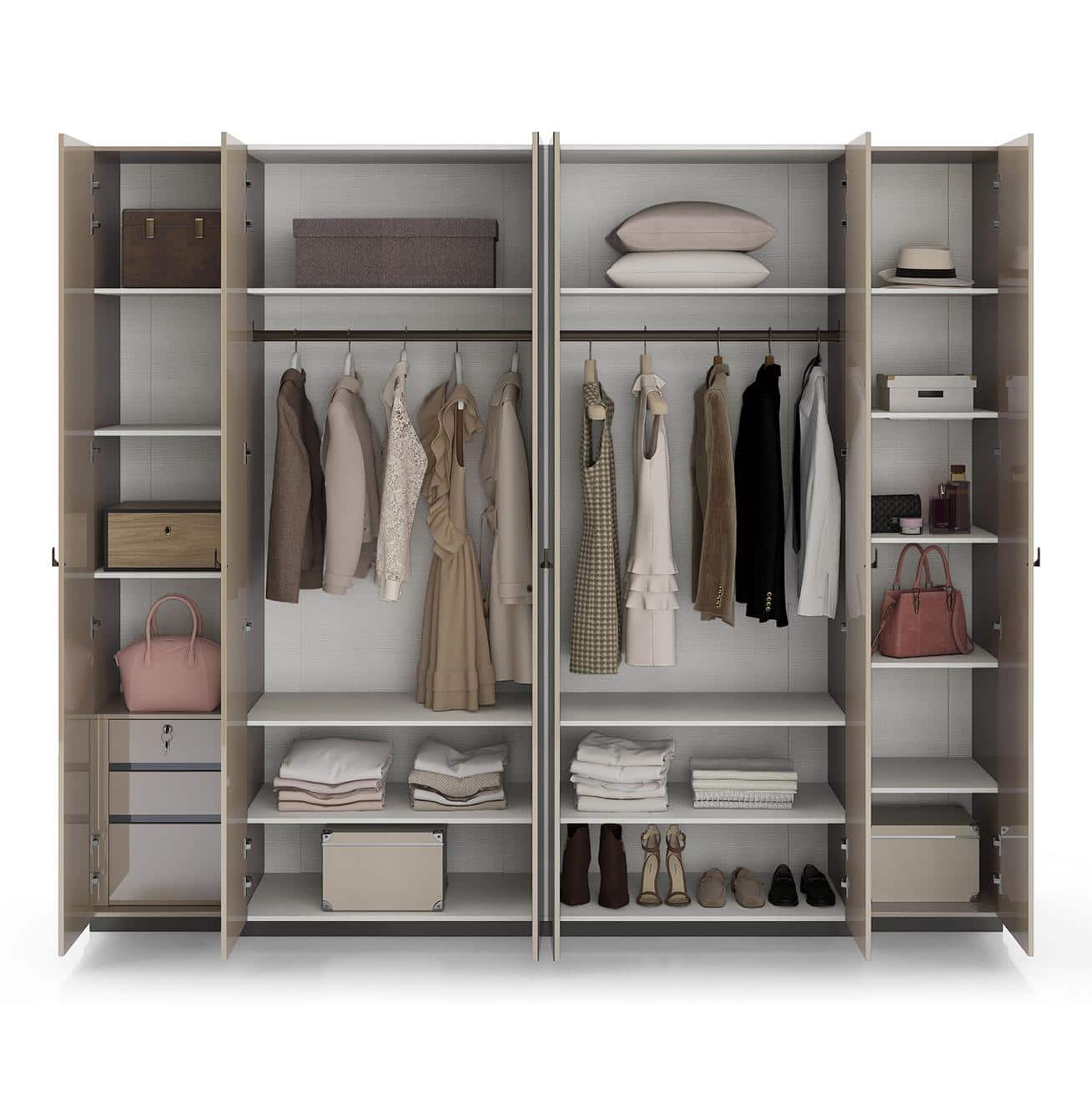 Naomi 6 Door Mirrored Wardrobe In High Gloss Beige Finish