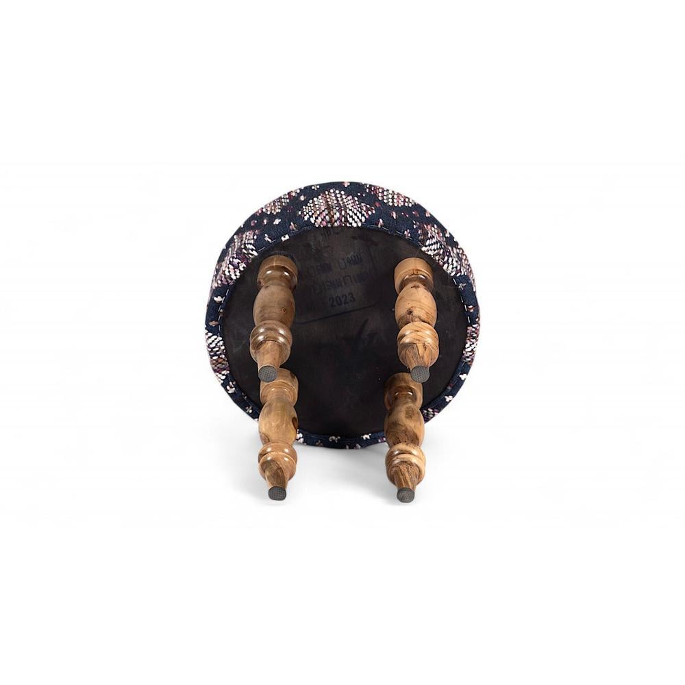 Roswell Sheesham Wood Parisian Round Set of 2 Stools in Blue Jacquard Work Fabric Upholstery