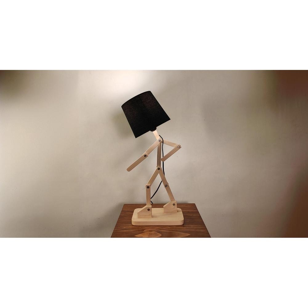 Moonwalker Beige Wooden Table Lamp with Black Fabric Lampshade