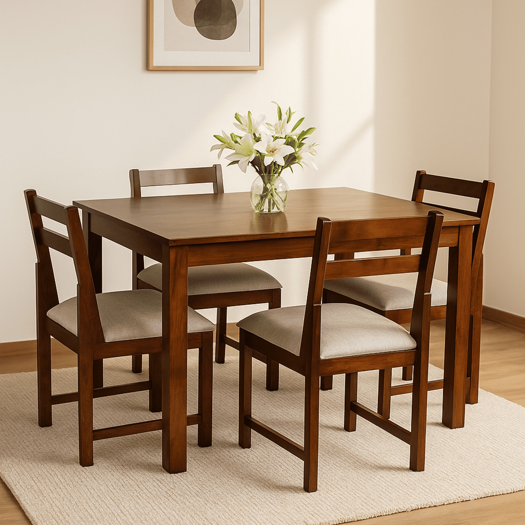 Globally Indian Sheesham Wood 4 Seater Dining Table Set With 4 Seater Cushioned Chairs