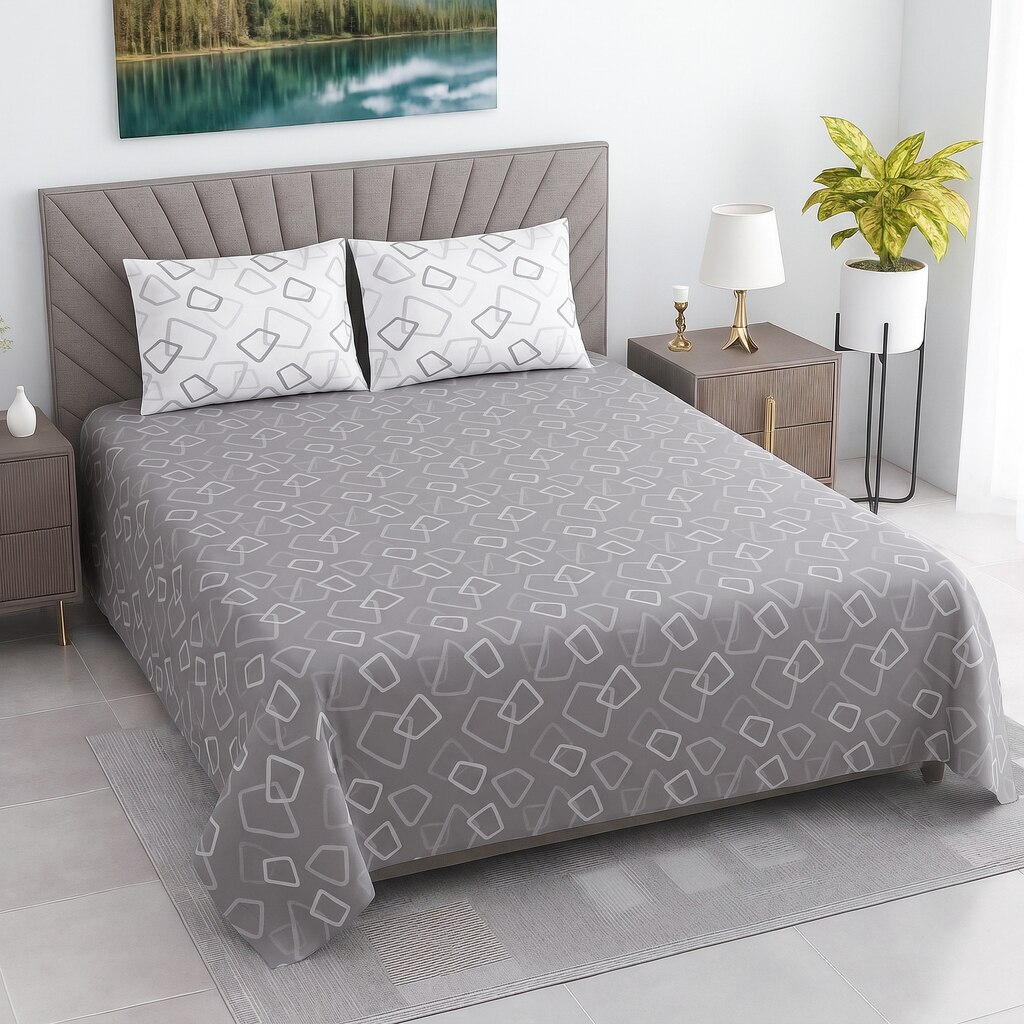 Grey And Whitegeometric Cotton 400 Tcflat Super King Size Bedsheet With 2 Pillow Covers - Threads