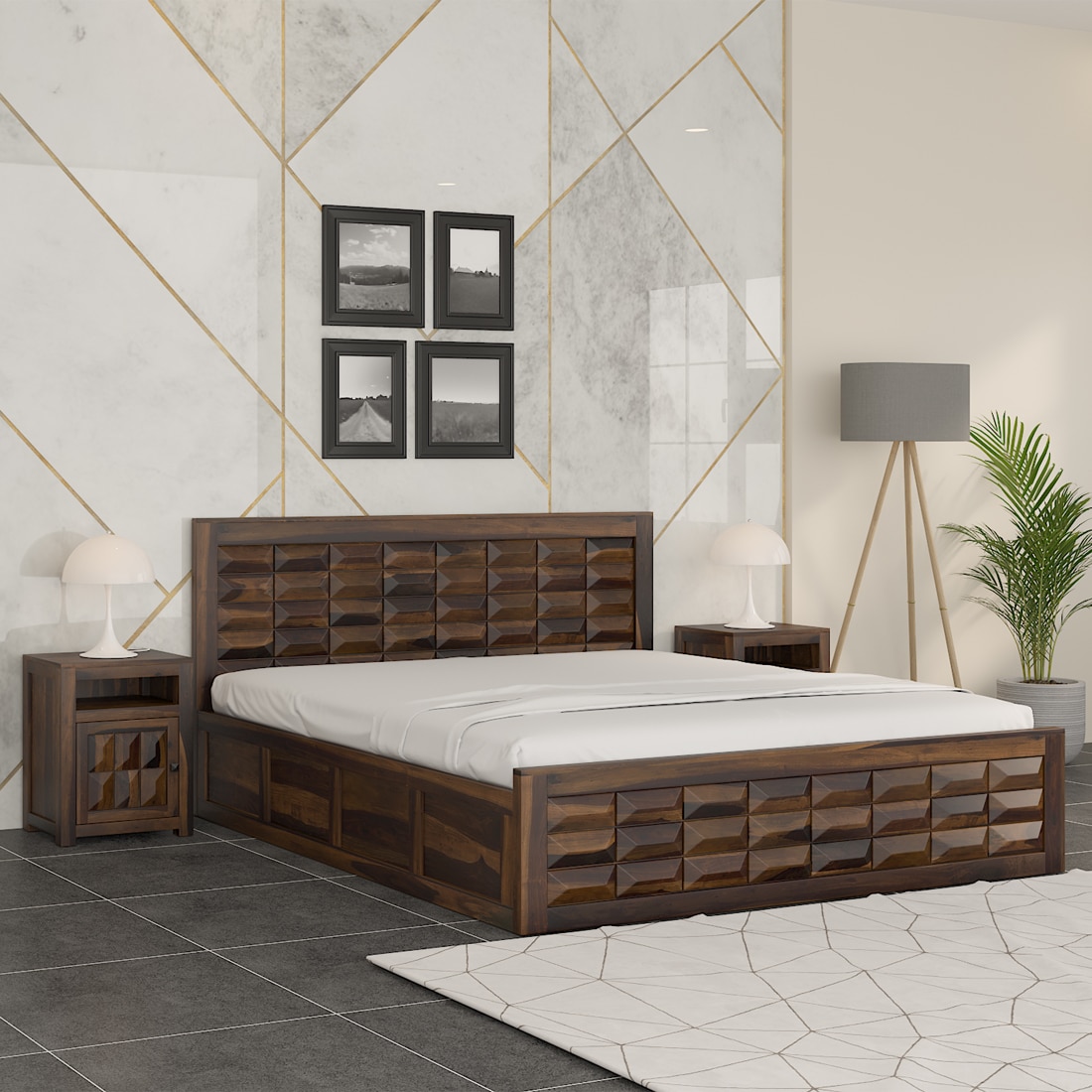 Shashi Sheesham Wood Queen Size Bed In Provincial Teak Finish With Hydraulic Storage (60 x 78 inches)