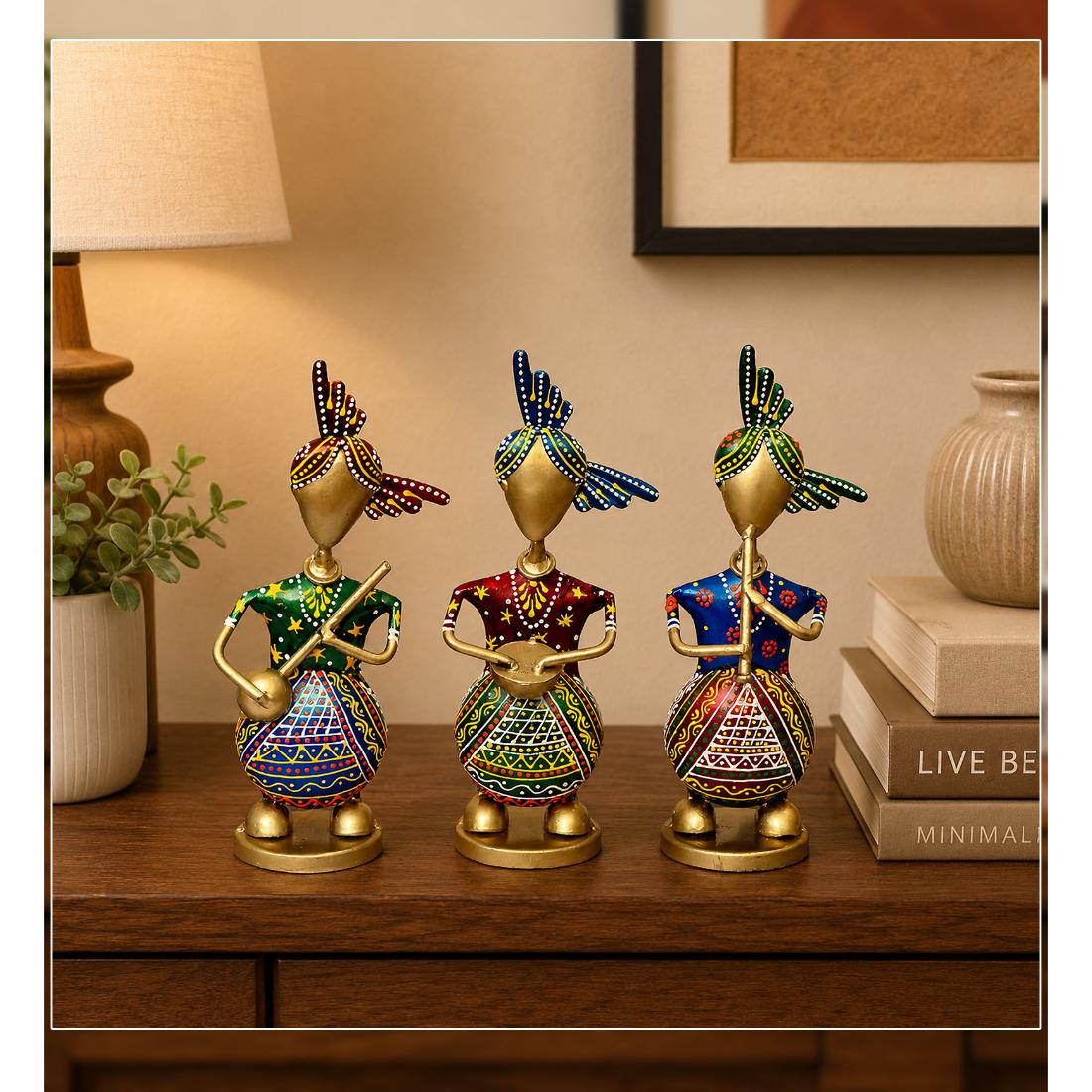 Desert Art Metal Handpainted Sardar Musician Showpiece Set of 3-image-49
