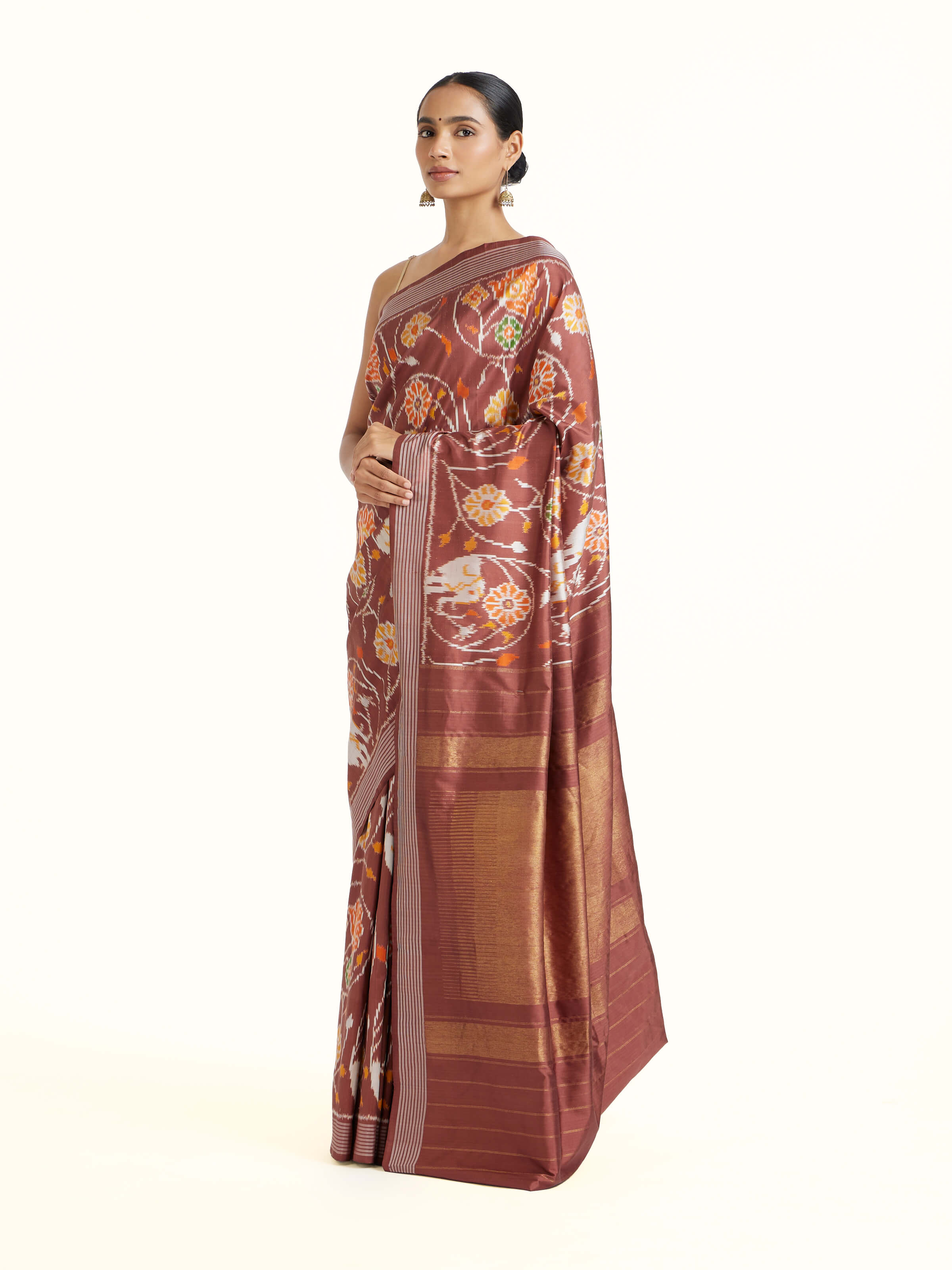 Brown Weft Ikat Silk Saree