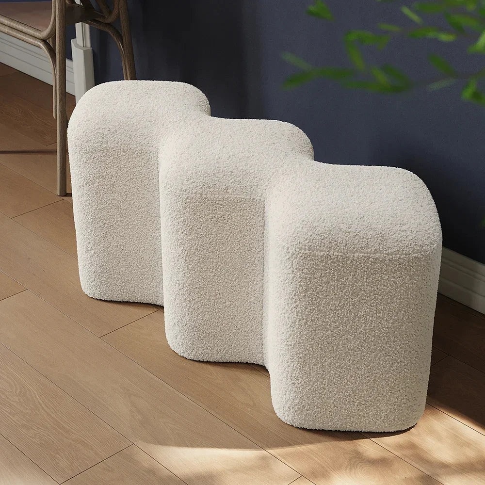 Wooden Twist Molecule Boucle Upholstered Ottoman Bench in White Colour - Wooden Twist