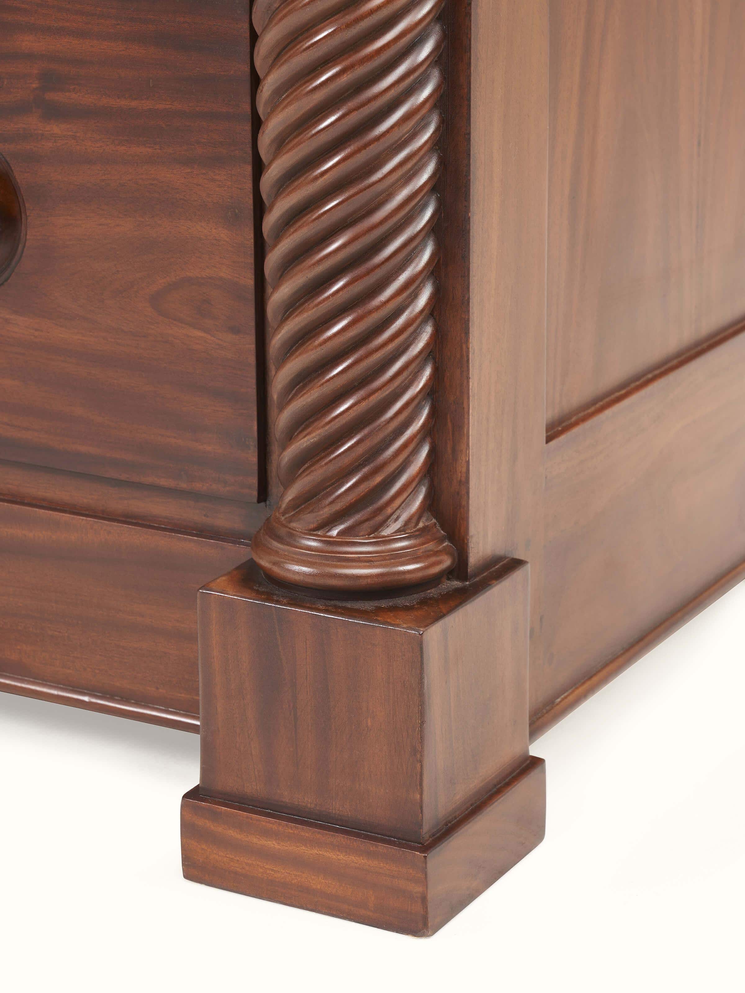 Drawer detail view of Mahogany wood chest of drawer highlighting inner compartments and joinery