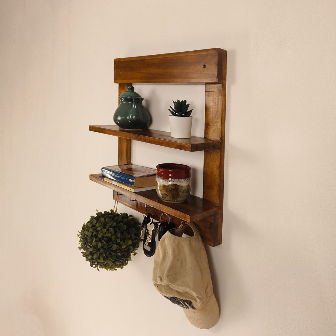 Verona Wooden Wall Shelf Organiser With Key Holders