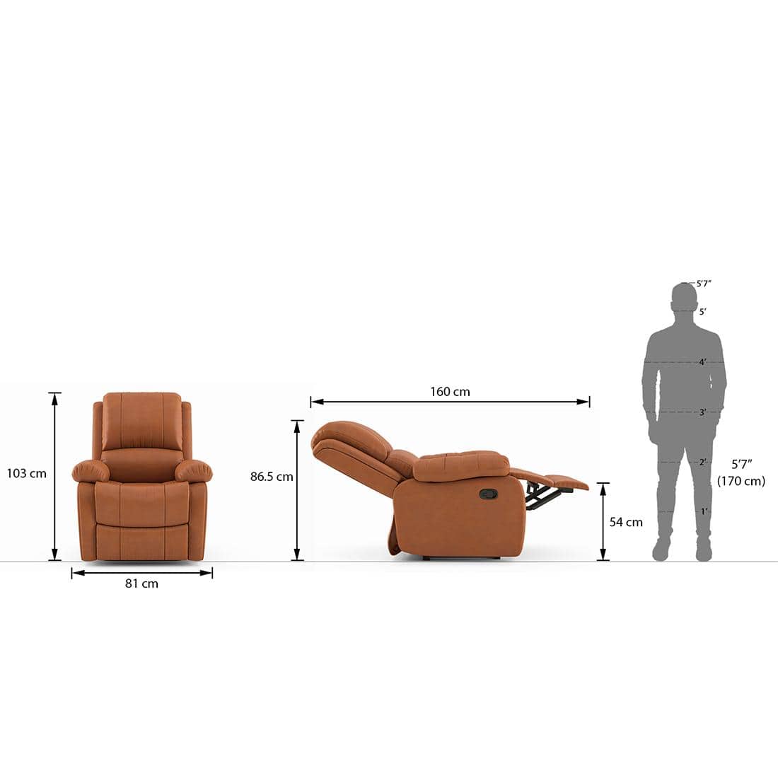 Lebowski Leatherette One Seater Manual Recliner in Tan Leatherette Colour