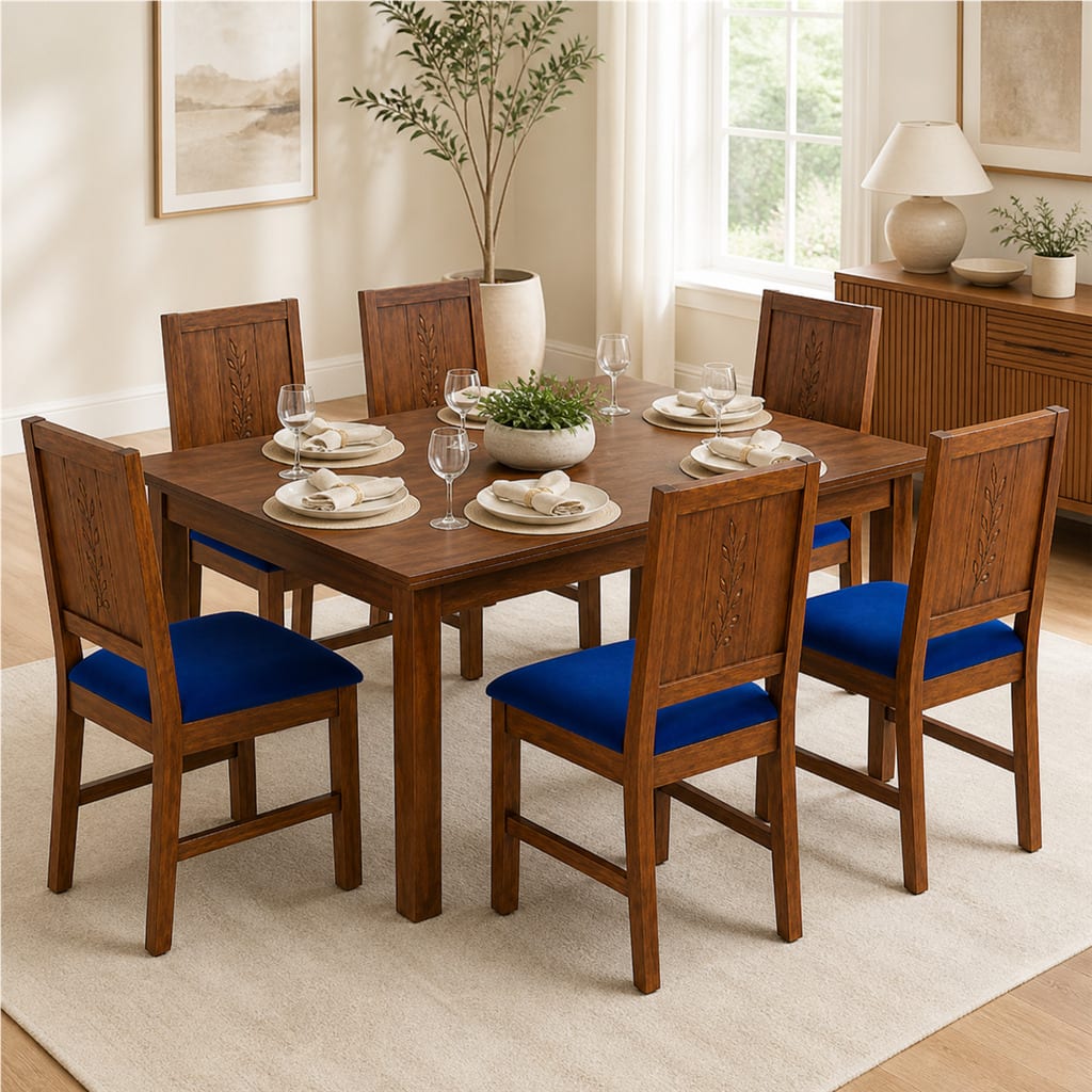 Globally Indian Mahira Solid Sheesham Wood 6 Seater Dining Table Set 6 Chairs Navy Blue