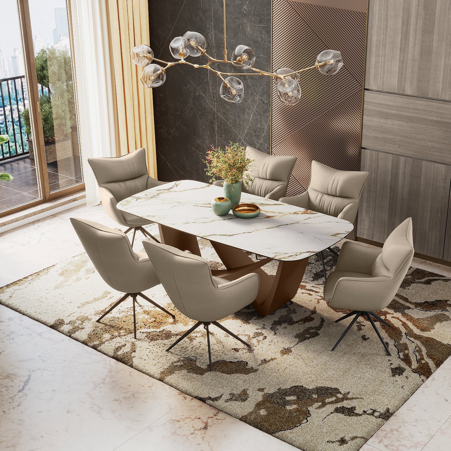 Paloma 6 Seater Pluto Spanish Ceramic Dining Table With Set of 3 Beck Dining Chairs