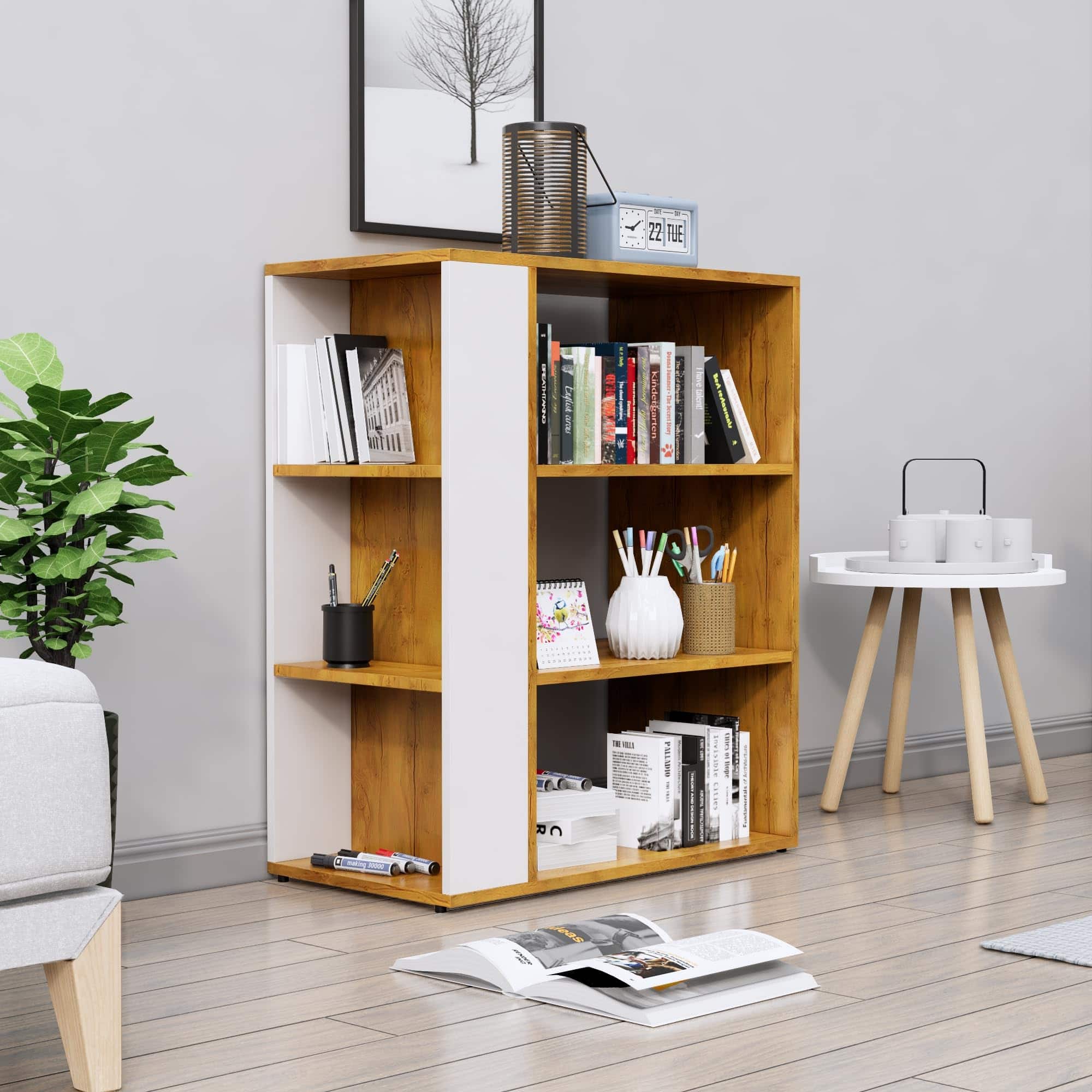 Hexa Engineered Wood Bookshelf Multipurpose Storage Rack in Giant Wood and Frosty White Colour - HexaRed