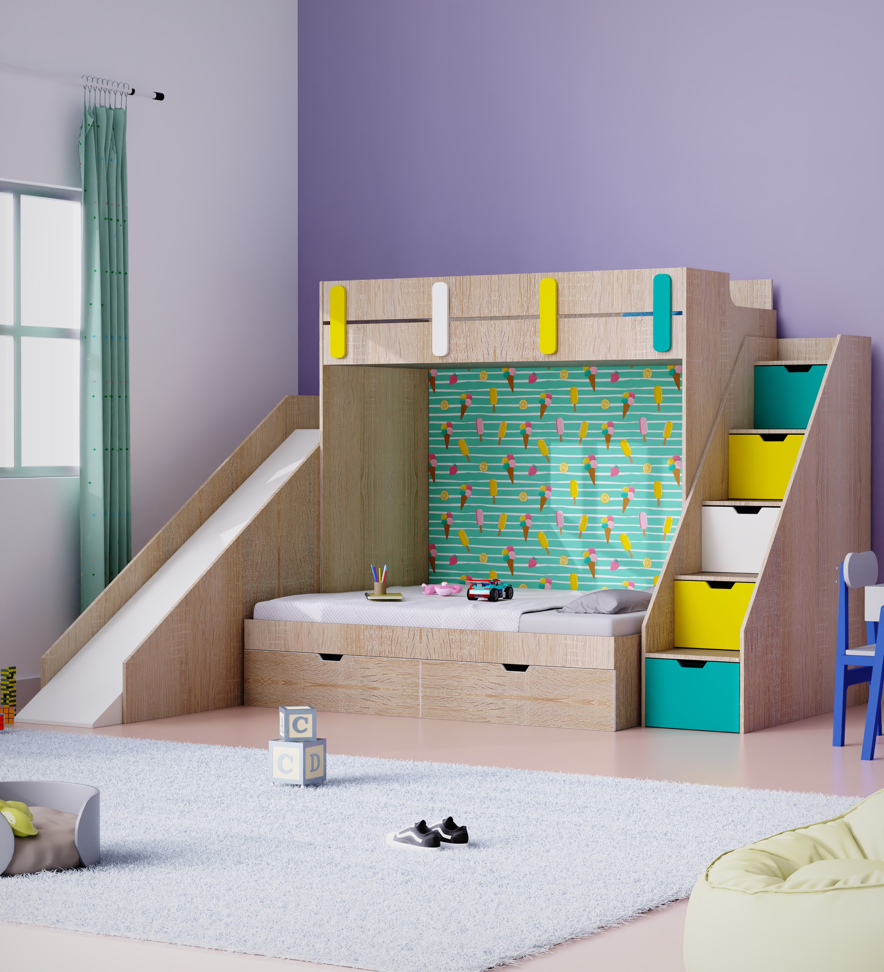 Sleep N SlideBunk Bed 6X5 Drawers On Wheels In Oak and Cyan Colour67