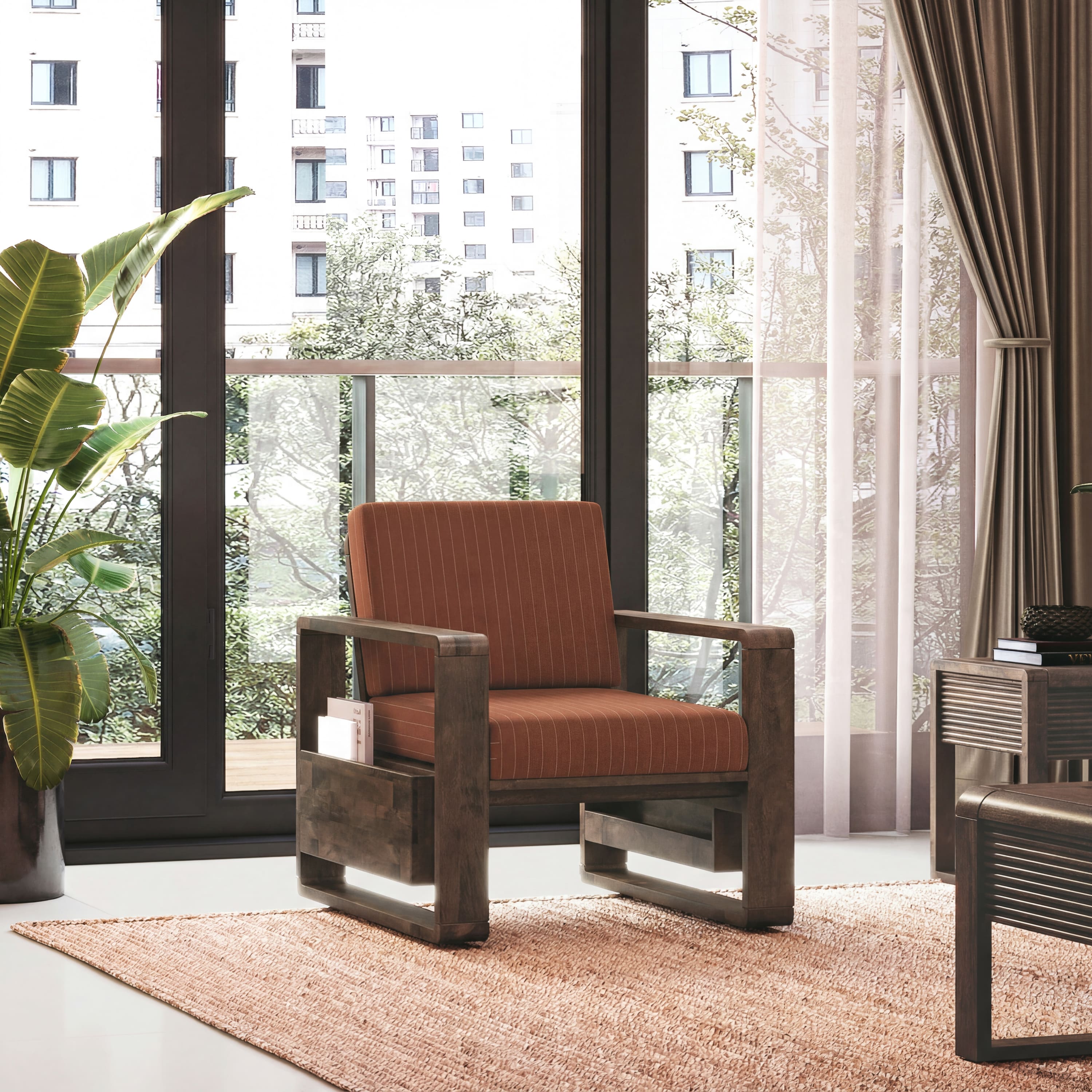 Moreno 1 Seater Solid Wood Sofa in Danish Walnut Finish and Terracotta Stripe Fabric - Urban Ladder