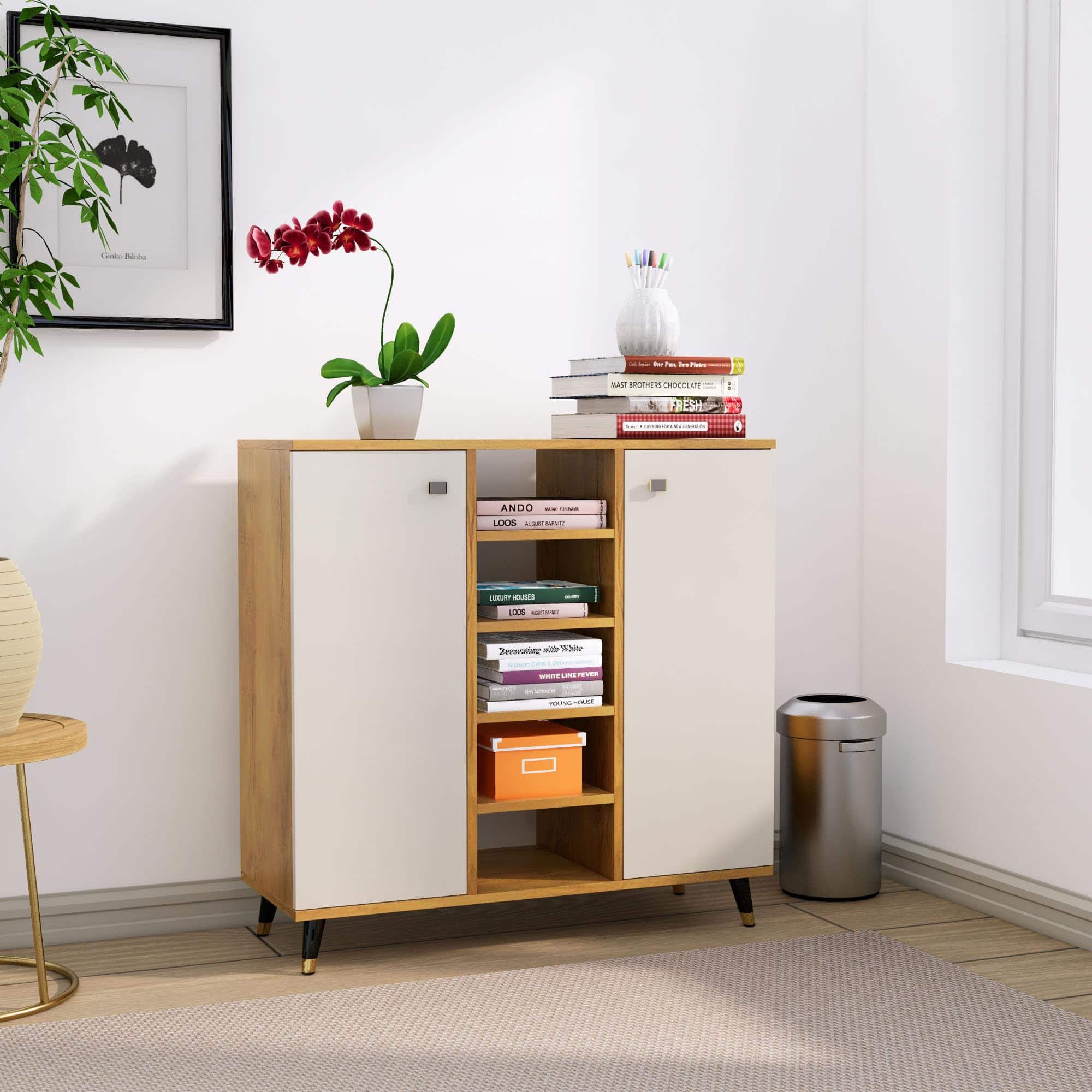 Hexa Engineered Wood Bookshelf Multipurpose Storage Rack in Giant Wood and Frosty White Colour - HexaRed