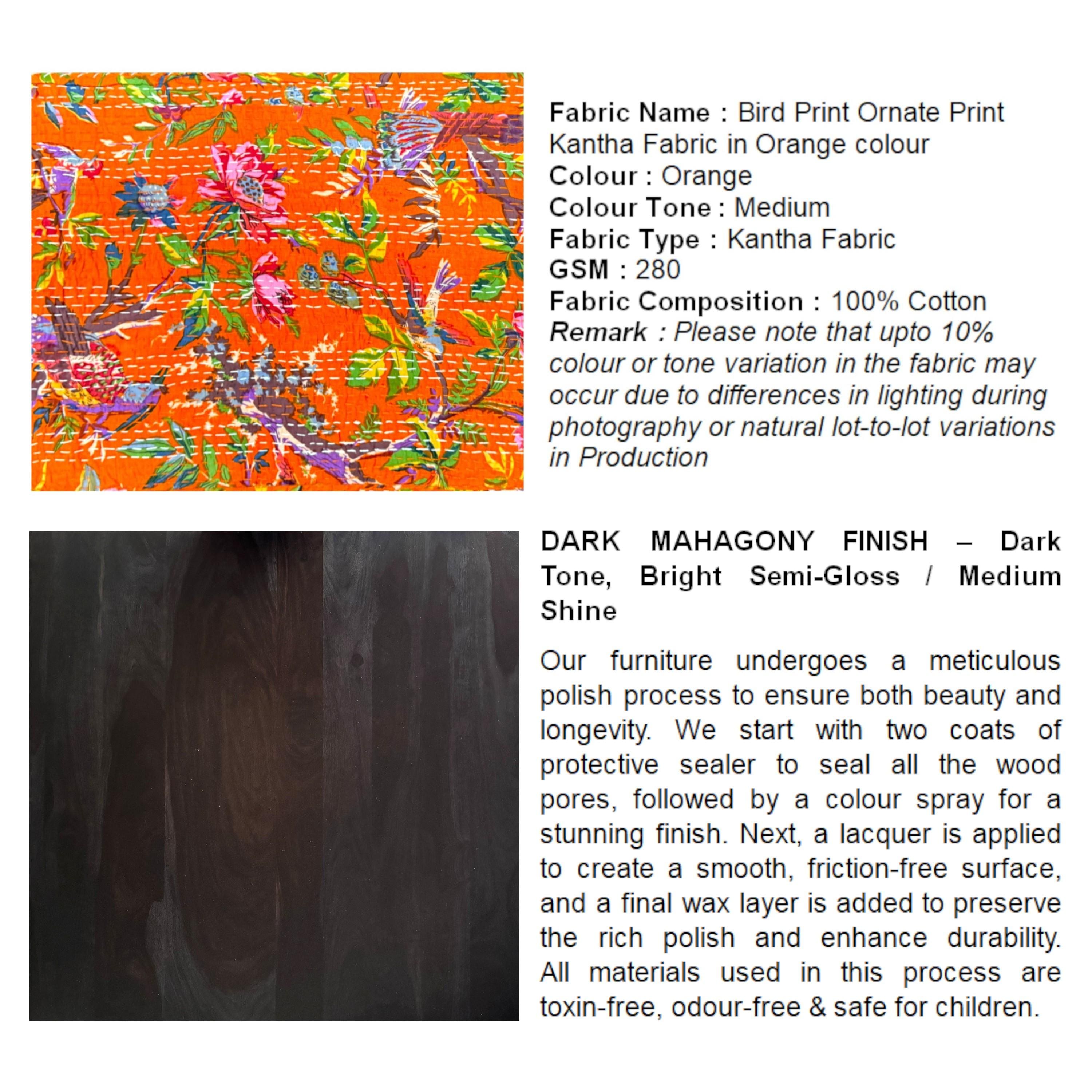 Rosslyn Solid Wood Pouf Stool in Bird Print Orange Ethnic Kantha fabric