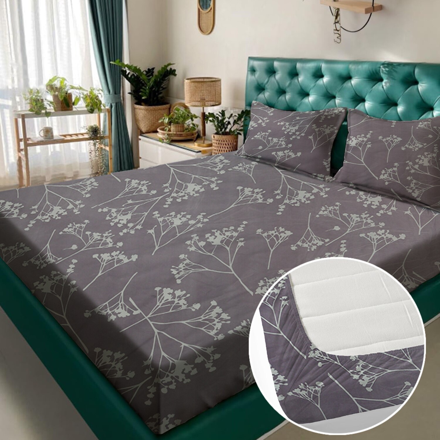 Purple Floral 180 TC Fitted 1 King  Bedsheet with 2 Pillow Covers