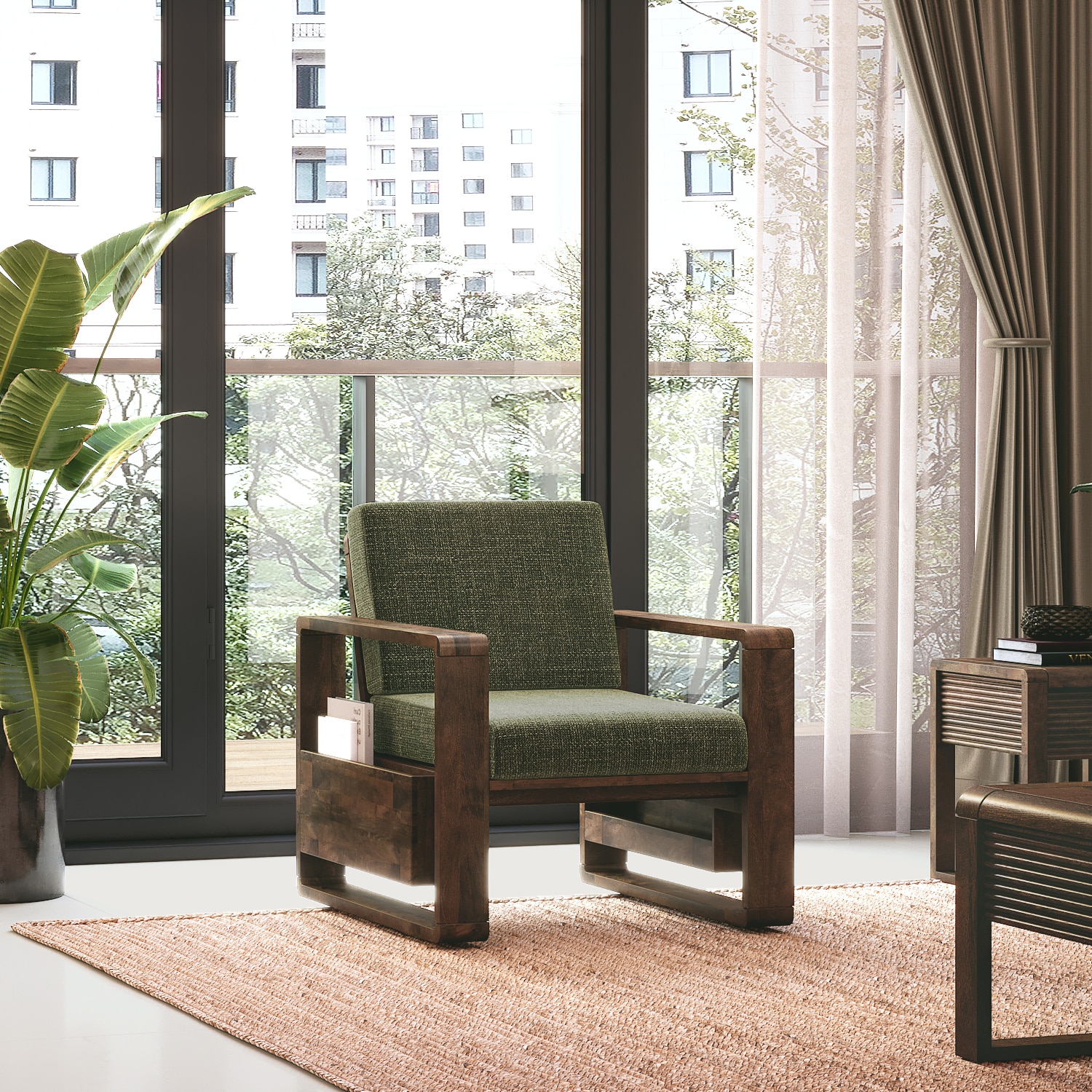 Moreno 1 Seater Solid Wood Sofa in Danish Walnut Finish and Juniper Green Fabric - Urban Ladder