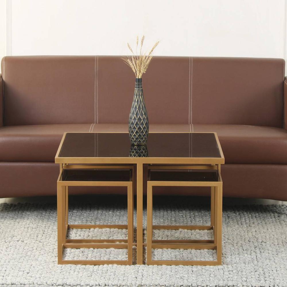 Valentino Black Glass Nesting Coffee Table In Dark Gold Finish